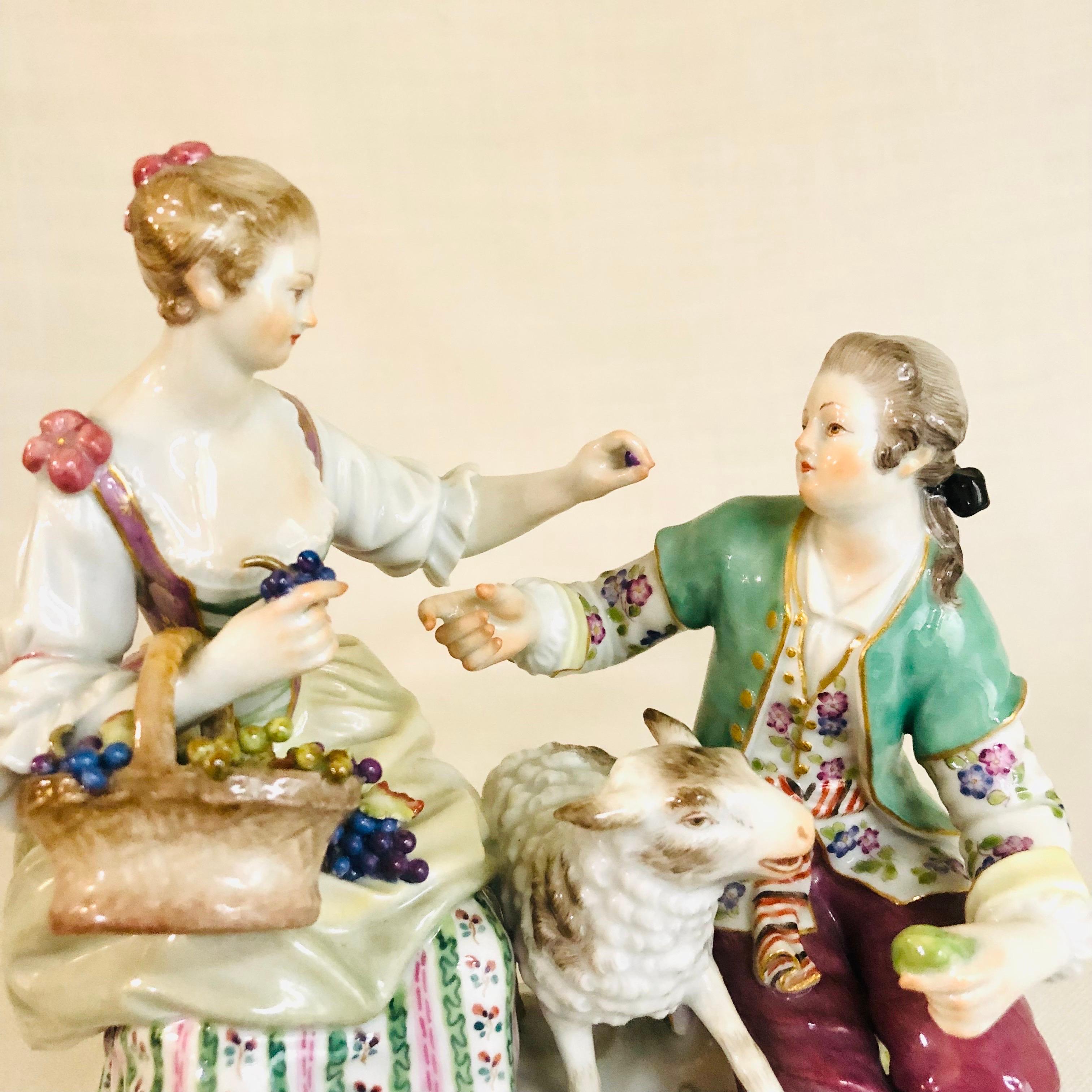 Porcelain Meissen Figural Group of a Romantic Couple Eating Grapes with Their Lamb