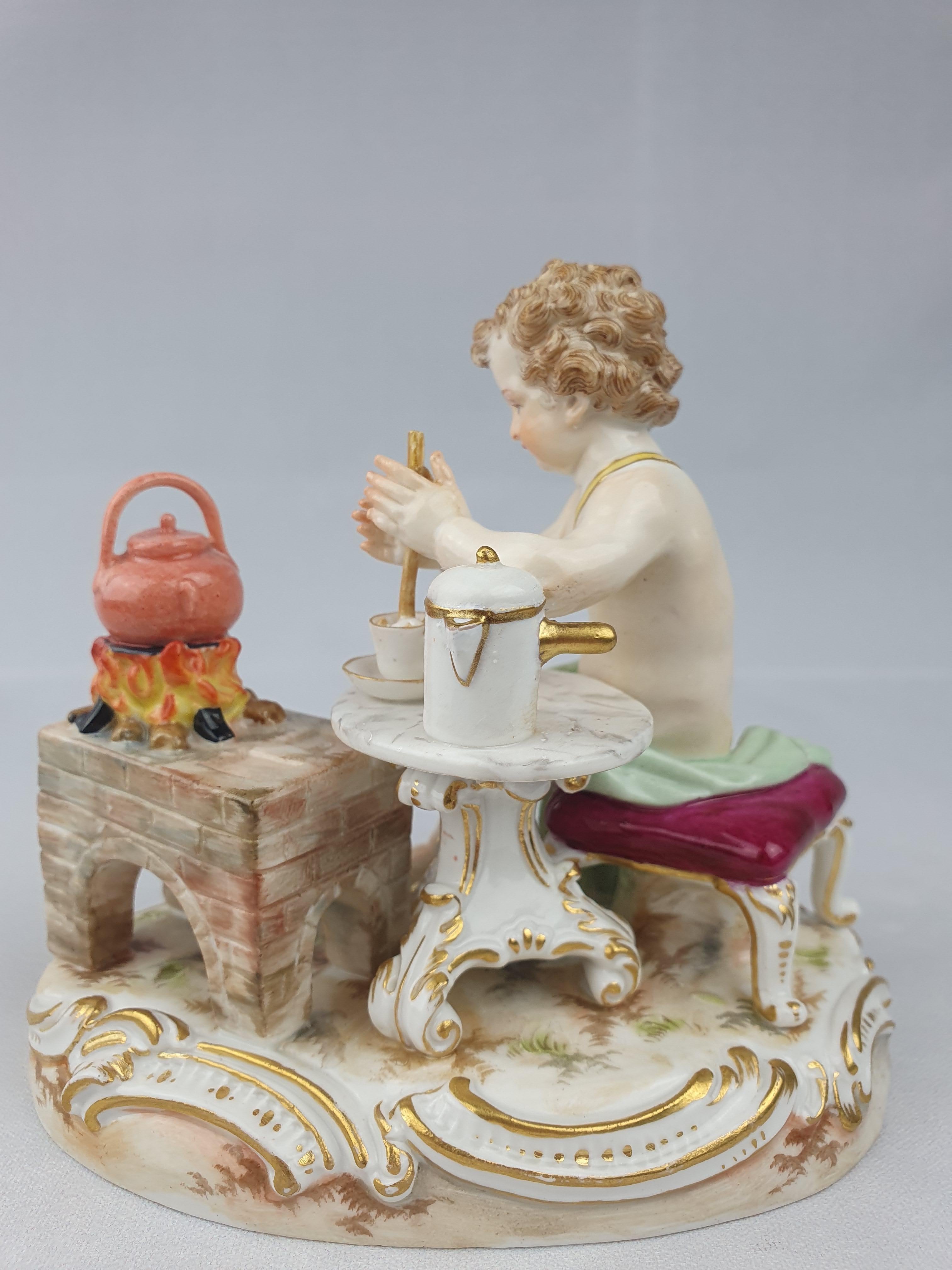Meissen figure of the hot chocolate maker representing fire from the series of four elements. First modelled by JJ Kaendler in 1770.

Height 10cm 3.94in

Crossed swords in underglaze blue.

Incised model number c97

Circa 1870.
