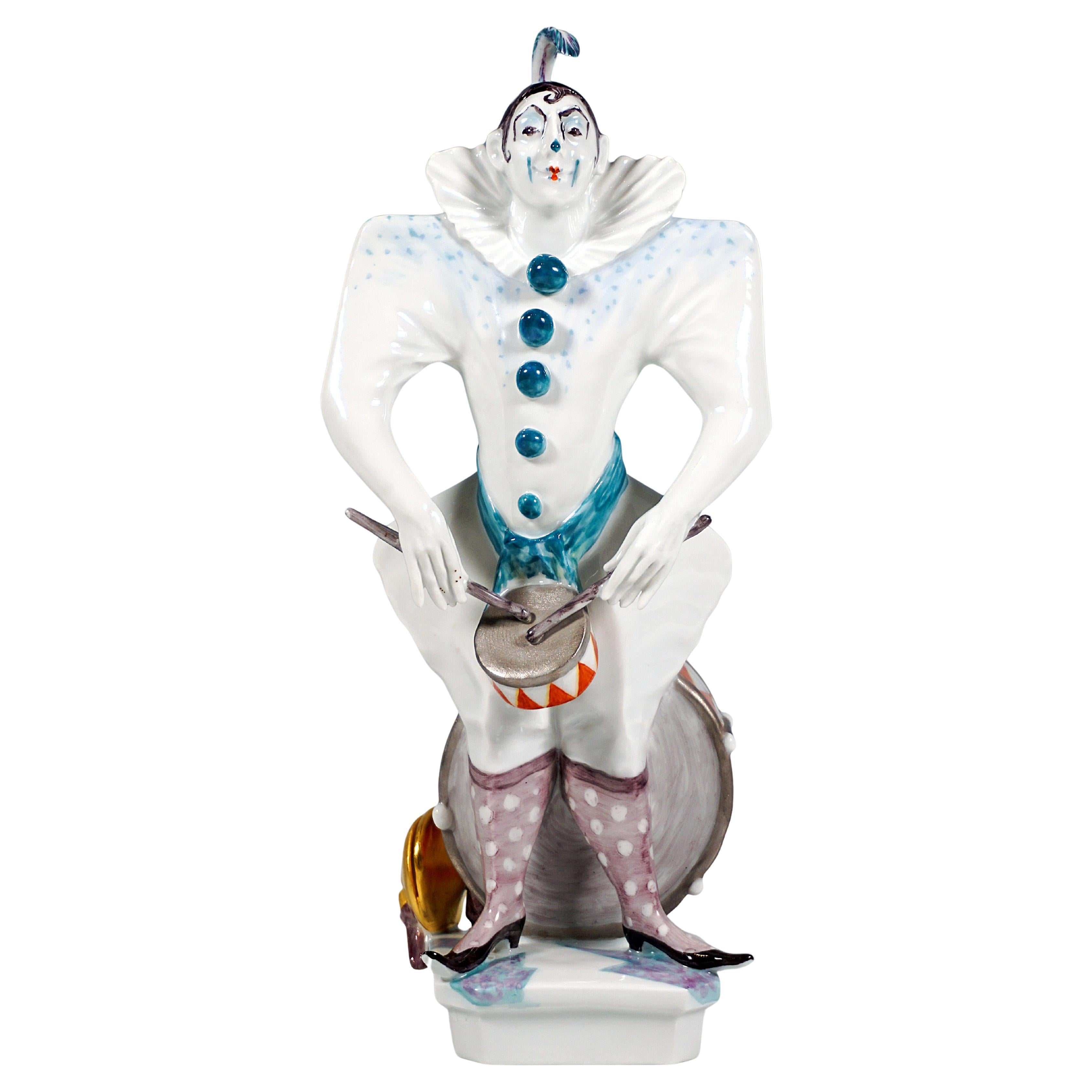 Meissen Figurine, Clown With Drum From The Clown Orchestra, P. Strang, 1995