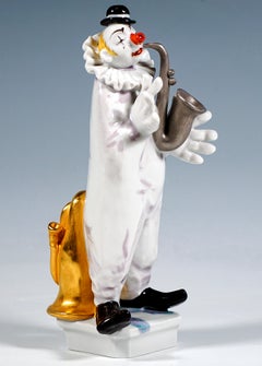 Meissener Figur, Clown mit Saxophon aus dem Clown-Orchester, P. Strang, 1990