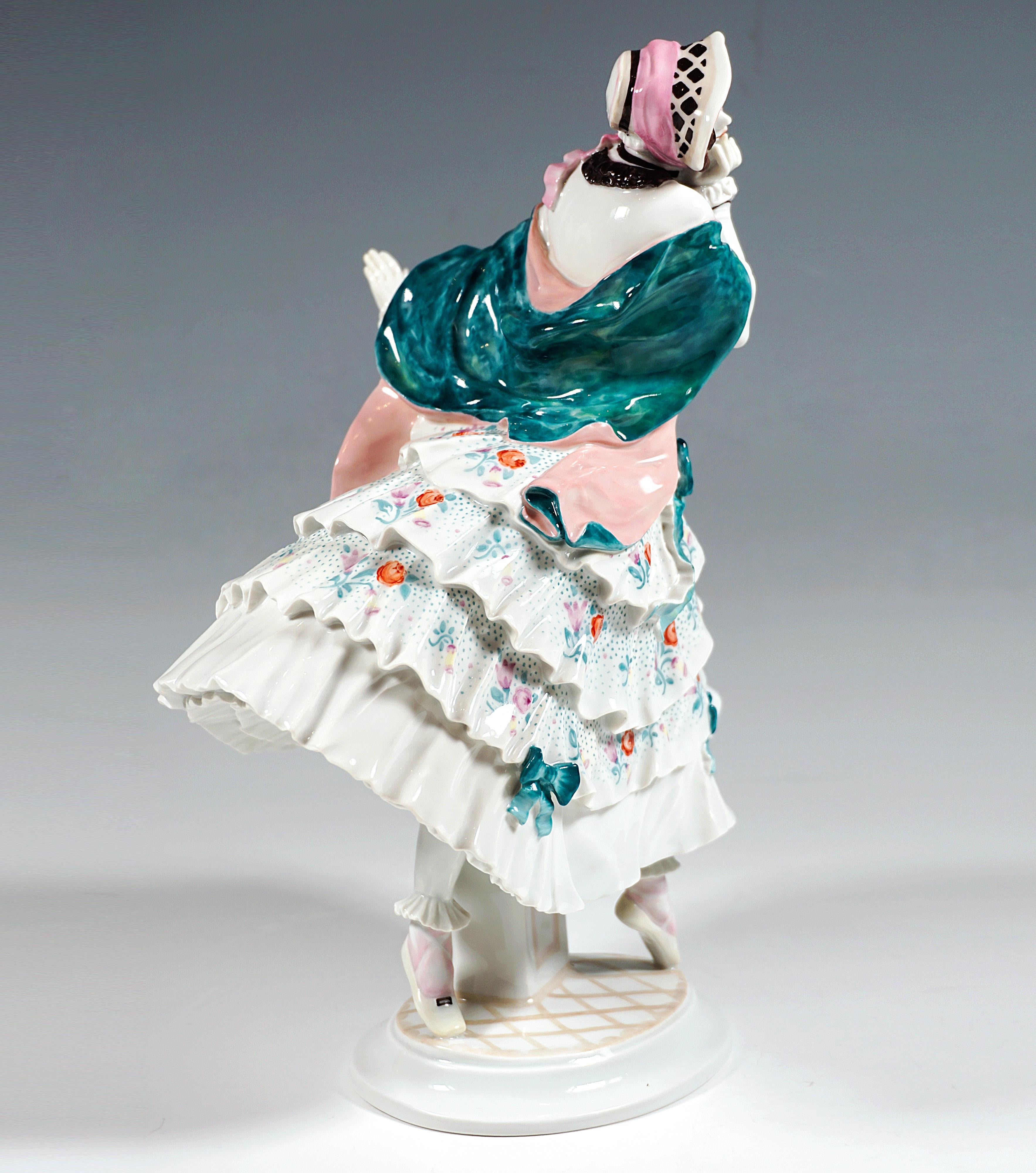 Finissima statuetta di Meissen Porcelain:
Danzatrice in equilibrio sulle punte dei piedi, gira la testa verso destra e porta la mano destra indecisamente al mento, mentre con la mano sinistra esegue un gesto di difesa - fingendo orrore per