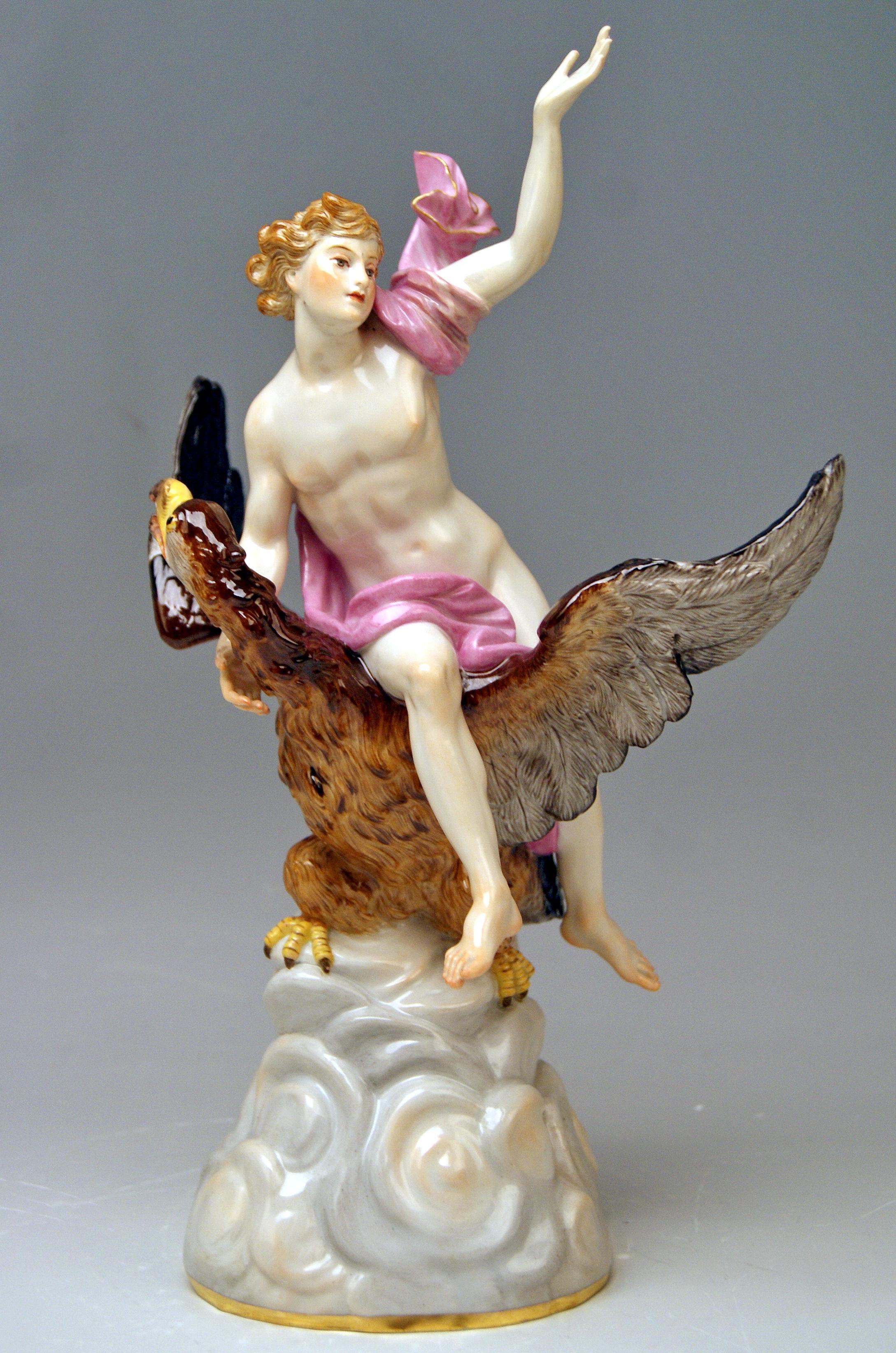 Ganymede riding on eagle based on clouds

Manufactory: Meissen
Hallmarked: 
Blue Meissen Sword Mark With Pommels on Hilts (underglazed)
model number 530 / painter's number 56 / former's number 42
First quality 
Dating: made circa