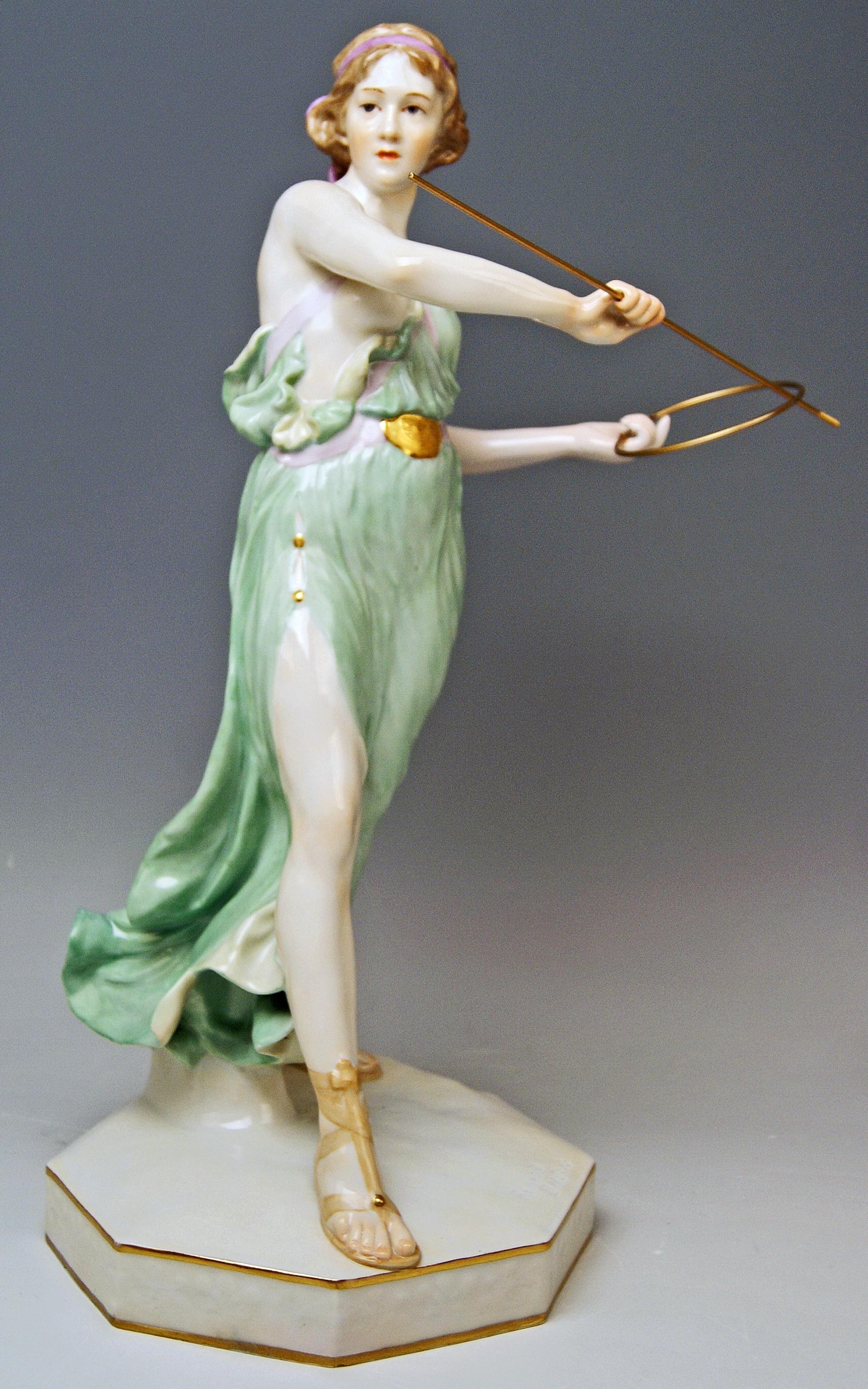 Meissen gorgeous figurine: girl throwing hoop
The details are stunningly scupltured = finest modelling

Manufactory: Meissen 
Dating: made circa 1935
Hallmarked: Meissen Mark of second quarter of 20th century (circa 1935)
First quality
model