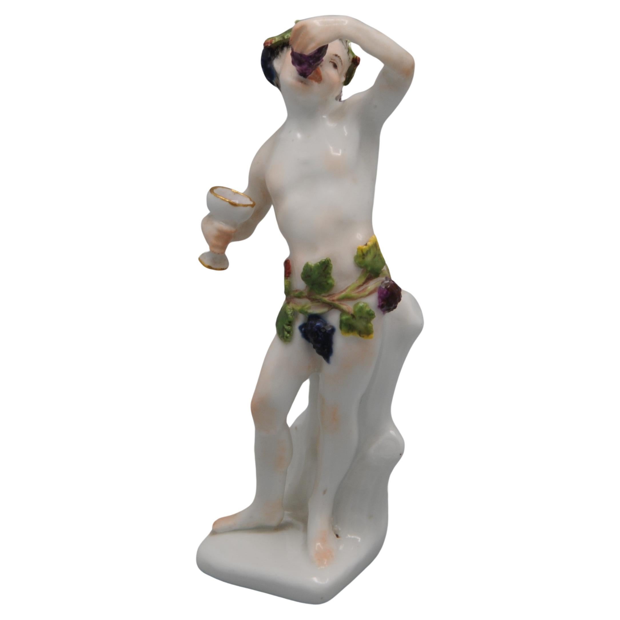 Early Meissen figurine of a bacchant eating from a grapes, as an allegory of autumn.
Model by Joachim Kaendler.
unmarked, ca 1740-60. 