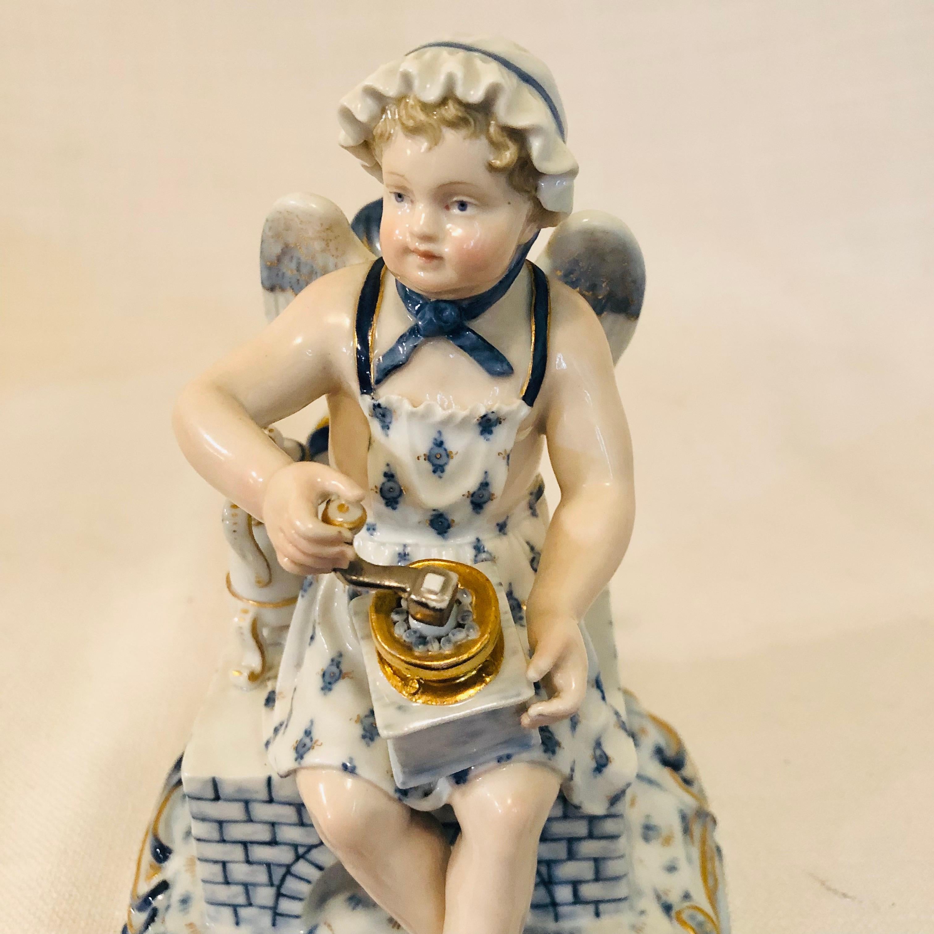 Victorian Meissen Figurine of a Boy Angel with Wings Grounding Coffee for His Coffee Pot