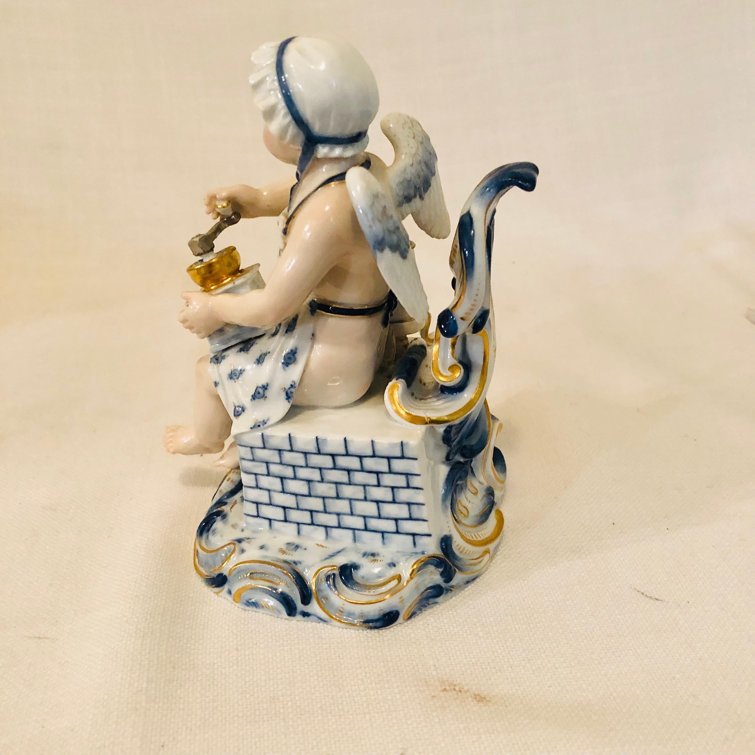 German Meissen Figurine of a Boy Angel with Wings Grounding Coffee for His Coffee Pot