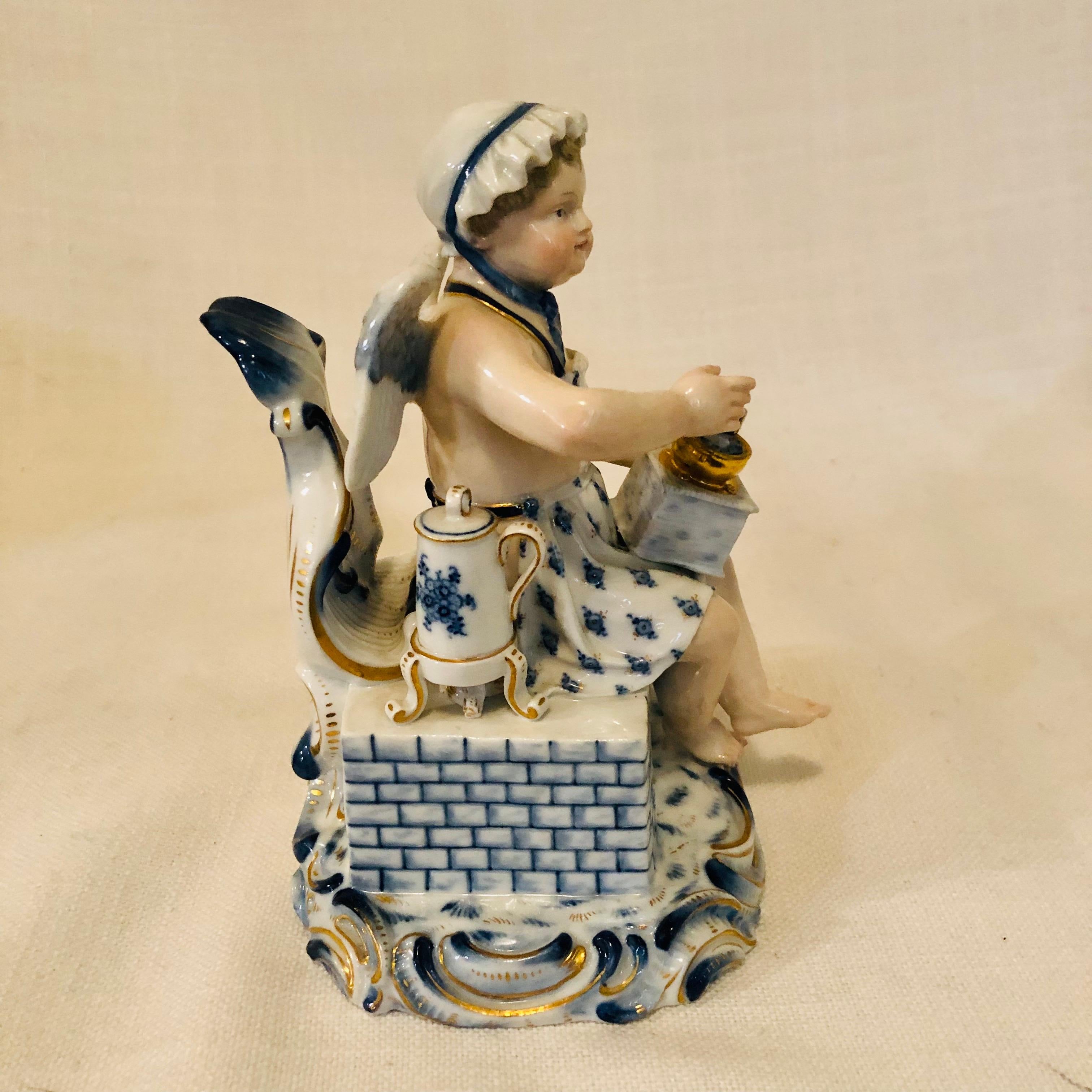 Meissen Figurine of a Boy Angel with Wings Grounding Coffee for His Coffee Pot In Good Condition In Boston, MA