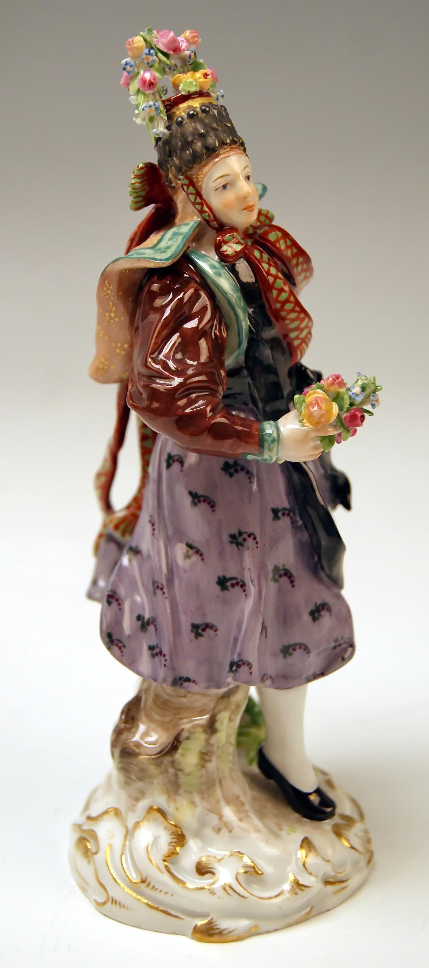Meissen Lovely as well as rare female figurine: Peasant Woman, So-Said Hormetjungfer
Model Q 190 B

Size:
Height 5.90 inches (= 15.0 cm)
Diameter of base 2.28 inches (= 5.8 cm)

Manufactory: Meissen
Hallmarked: Blue Meissen Sword Mark