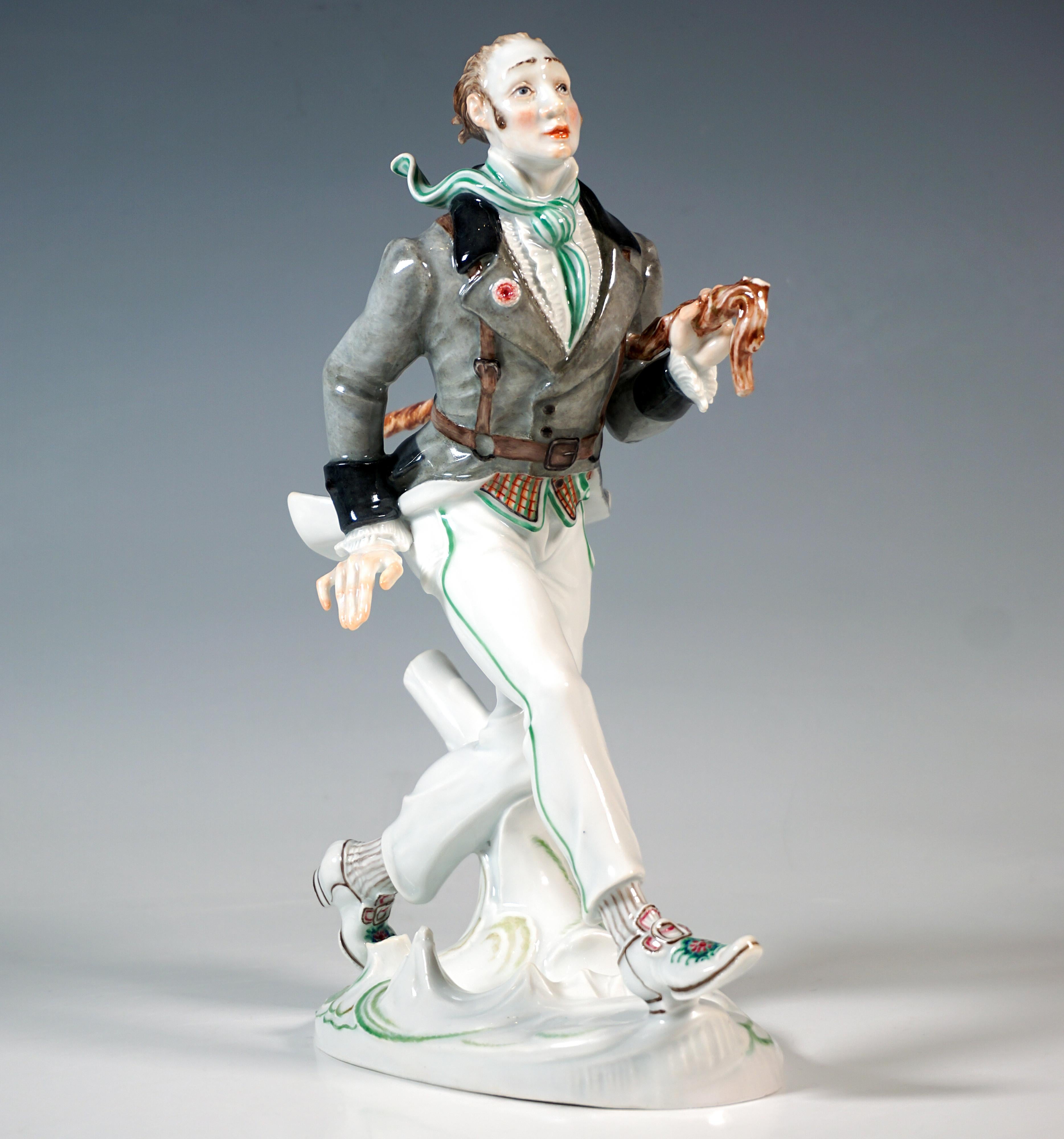 Excellent Meissen Porcelain Figurine:
Depiction of a pale young man rushing forward in large strides with his hair blowing in the wind and a stern expression on his face, his eyes wide open. He is excellently dressed in a tailcoat over a ruffled