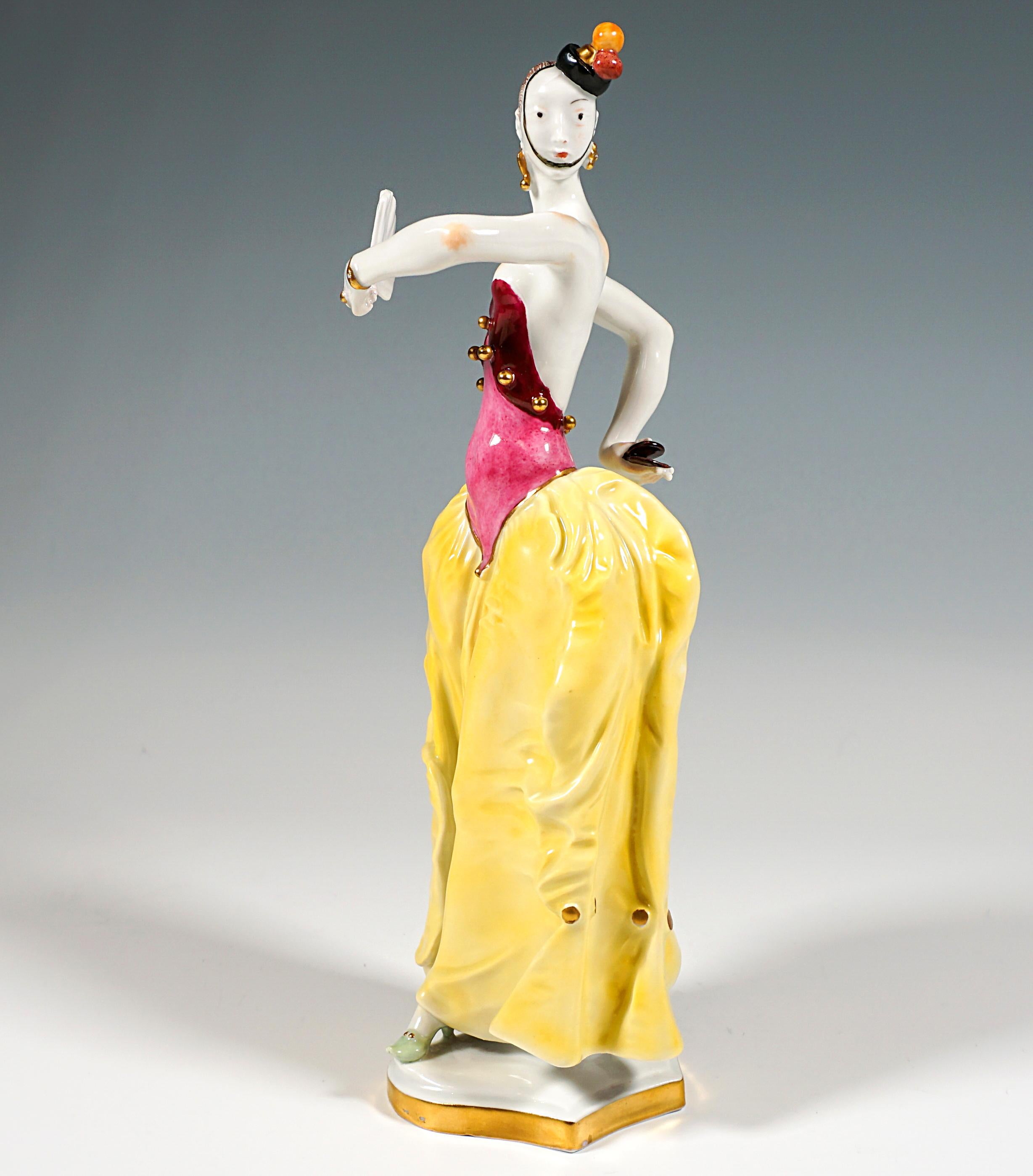 Figurilla de Meissen Bailarina española con abanico y castañuela, de Paul Scheurich, 20.º siglo Art Decó en venta