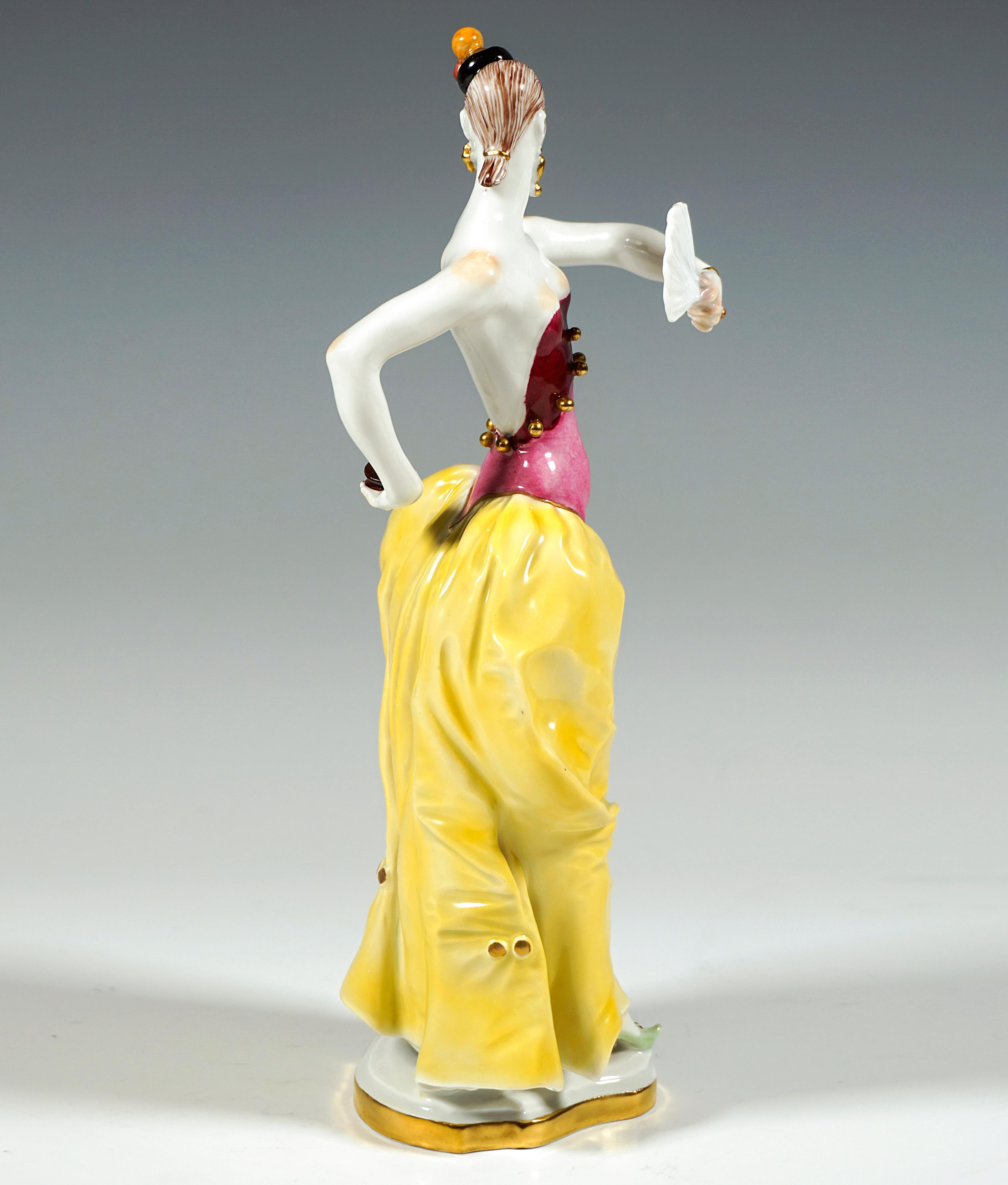 Figurilla de Meissen Bailarina española con abanico y castañuela, de Paul Scheurich, 20.º siglo Hecho a mano en venta
