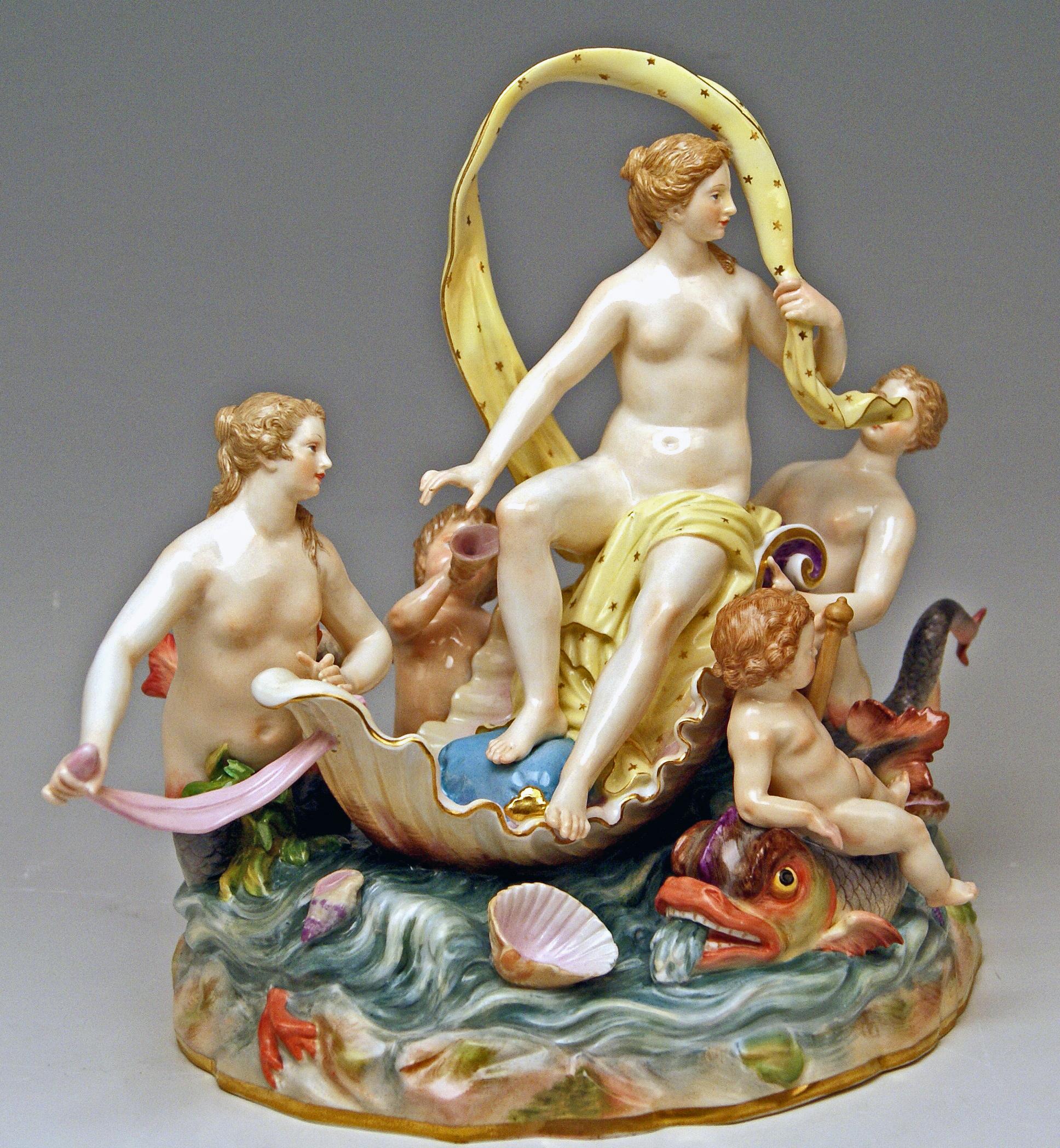Meissen gorgeous figurine: Figurine group allegory of water / series of four elements.
The details are stunningly sculptured = finest modelling

Manufactory: Meissen 
Dating: Made circa 1880
Hallmarked: Meissen Mark of fourth quarter of 19th