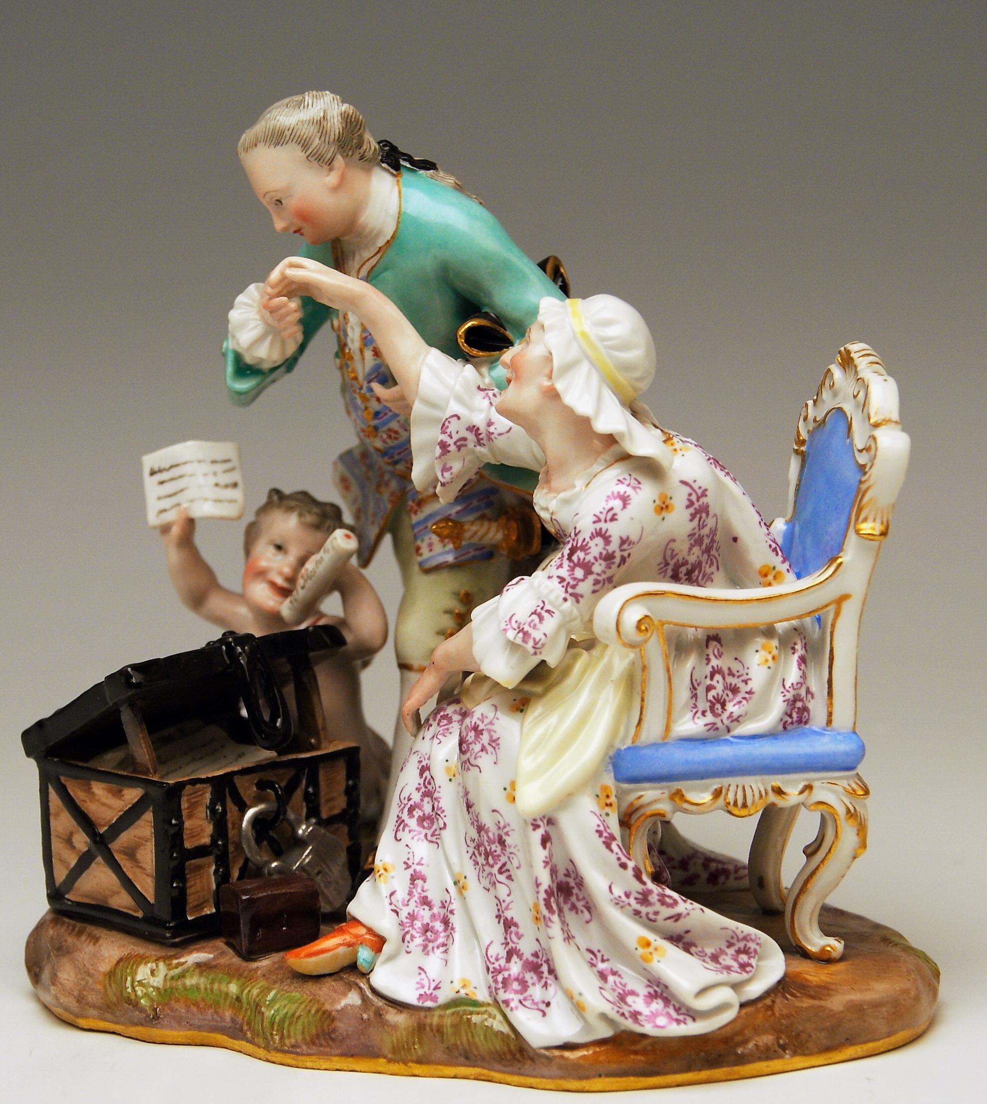 Meissen very interesting figurines' group: The Legacy Hunter or Ancient Love
The details are stunningly scupltured = finest modelling

Manufactory: Meissen 
Dating: made circa 1870
Hallmarked: Meissen Mark with Pommels on Hilts (19th
