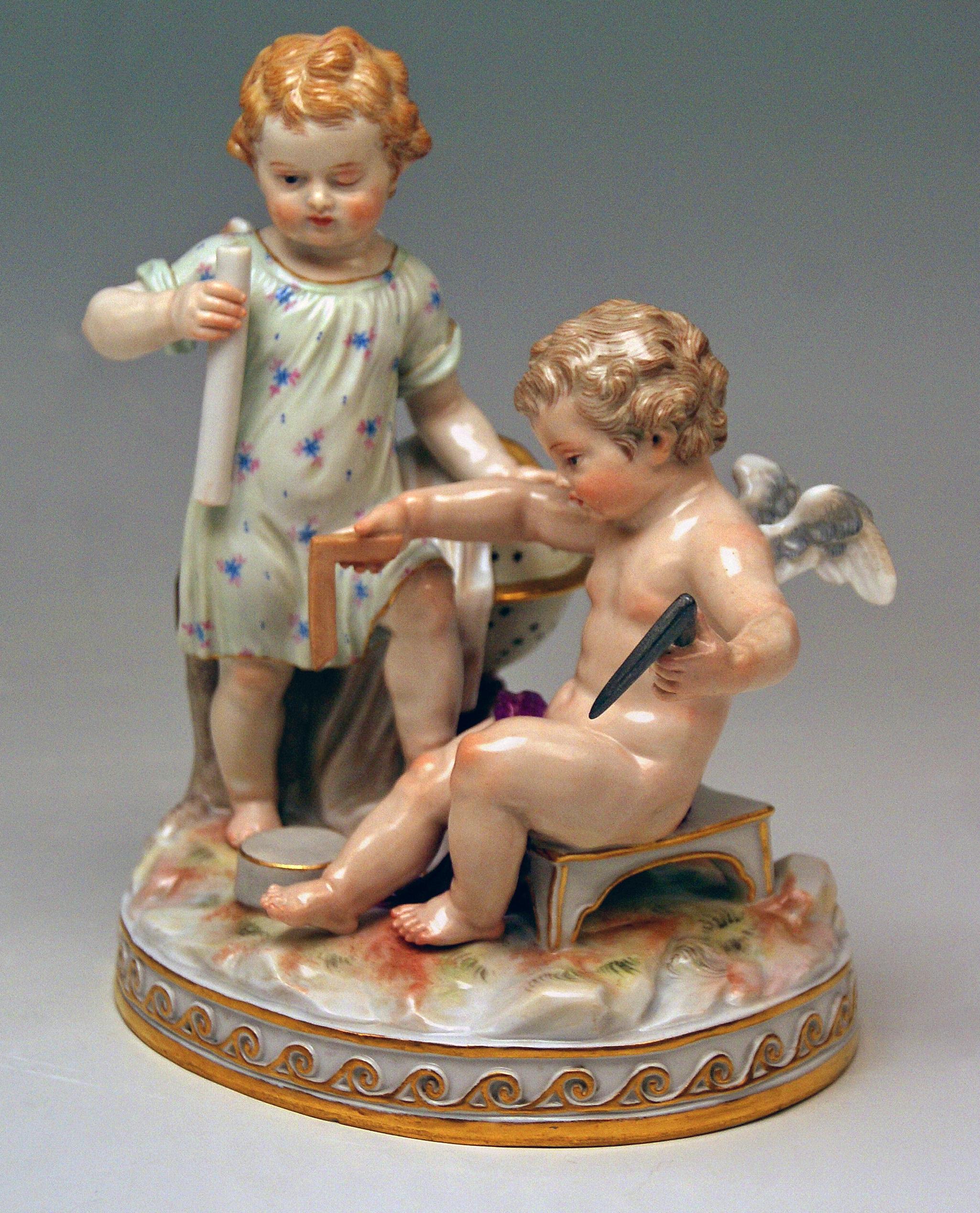 Painted Meissen Figurines Cherubs Allegory of Geometry Model C47, Acier Made circa 1870 For Sale