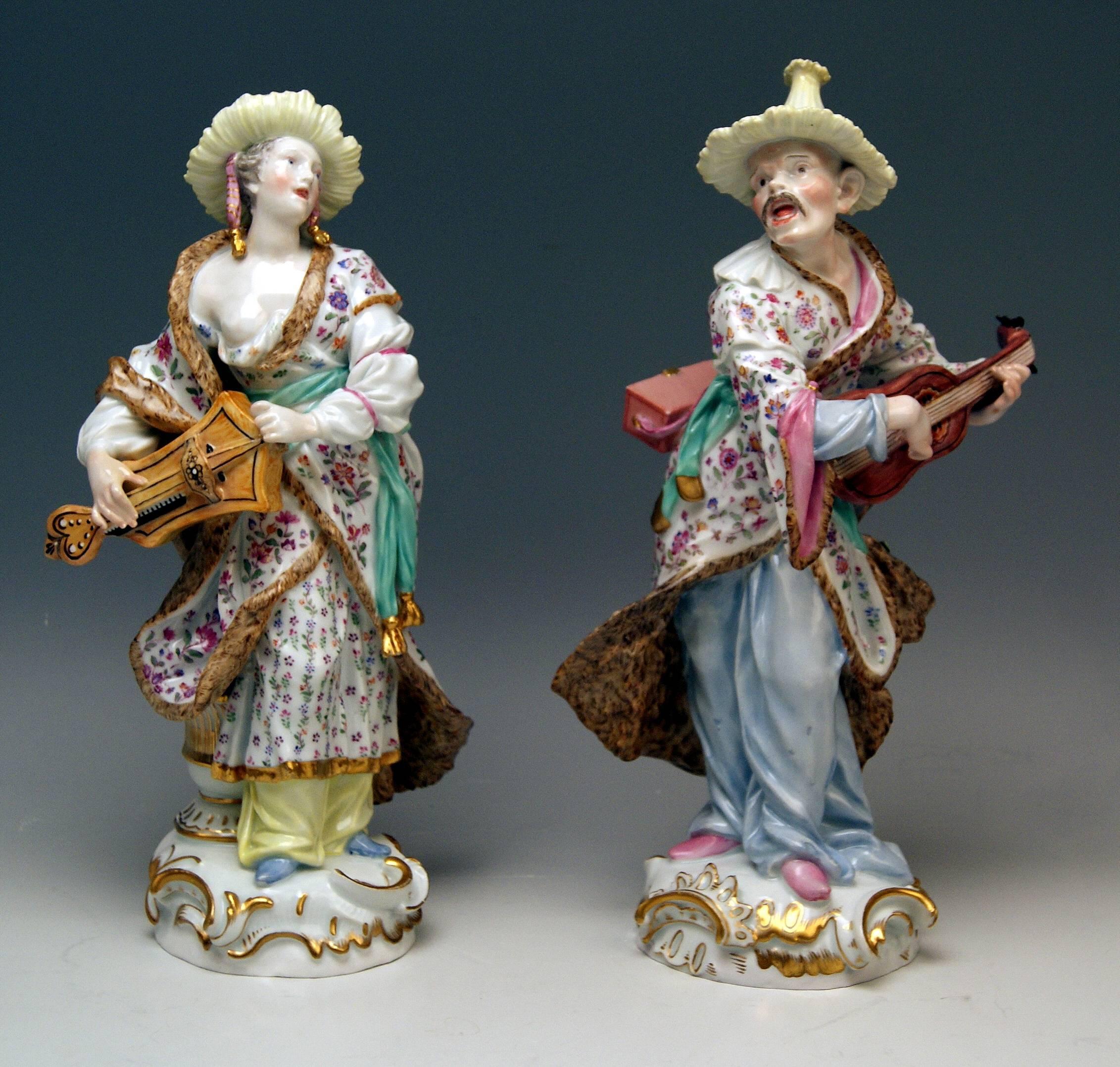Meissen gorgeous pair of figurines: Malabarian lady and Malbarian man
The details are stunningly sculptured = finest modelling.

Design:
Friedrich Elias Meyer (1751)
F. E. Meyer has been engaged since year 1748 at Meissen manufactory. He moved