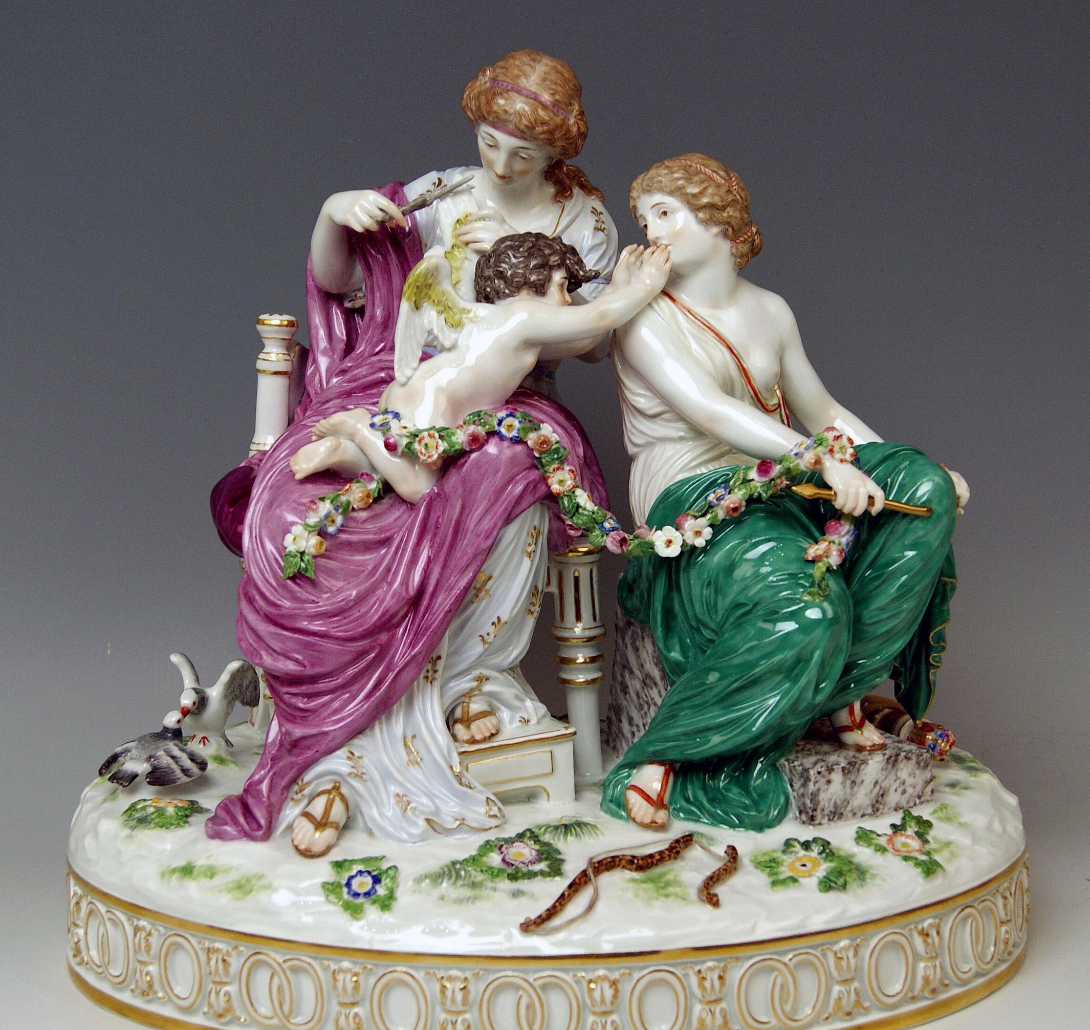 Meissen gorgeous figurine group: cupid being in dire straits
The details are stunningly scupltured = finest modelling

Manufactory: Meissen 
Dating: made circa 1860
Hallmarked: Meissen Mark of third quarter of 19th century (circa 1860)
First