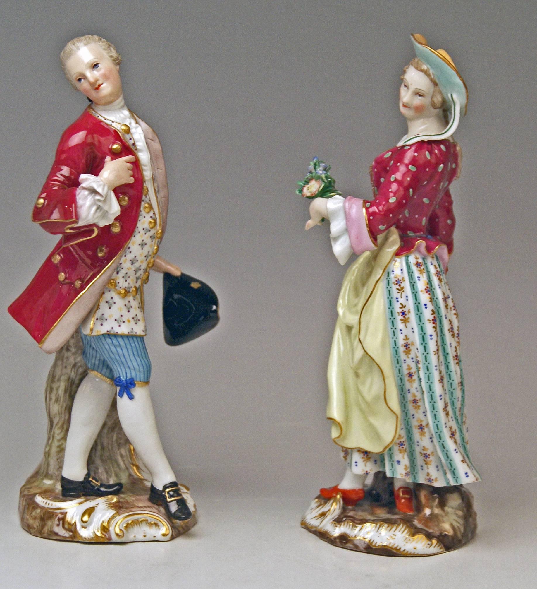 Meissen Gorgeous Figurines:
• Rococo Lady with Bouquet of Flowers 
• Rococo Gallant Man with Hat

The Details Are Stunningly Scupltured = Finest Modelling

Design:
-- Johann Joachim Kaendler (1706-1775)
The sculptor was since year 1731