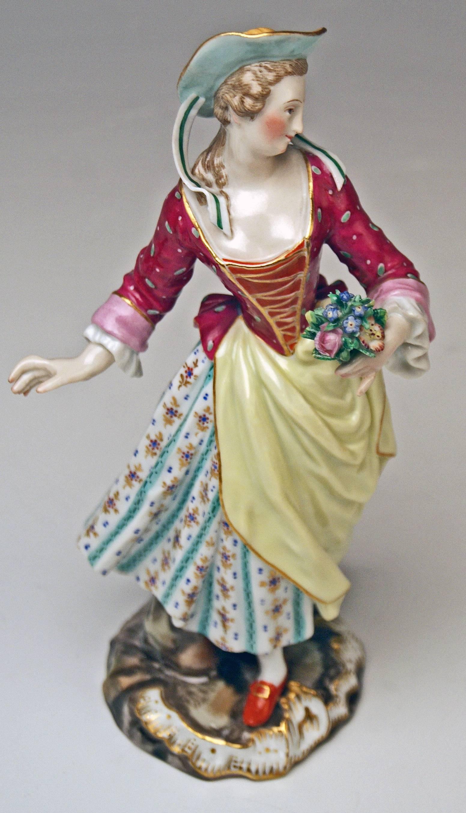 German Meissen Figurines Lady with Flowers Man with Hat Models 2342 2346 Kaendler, 1850