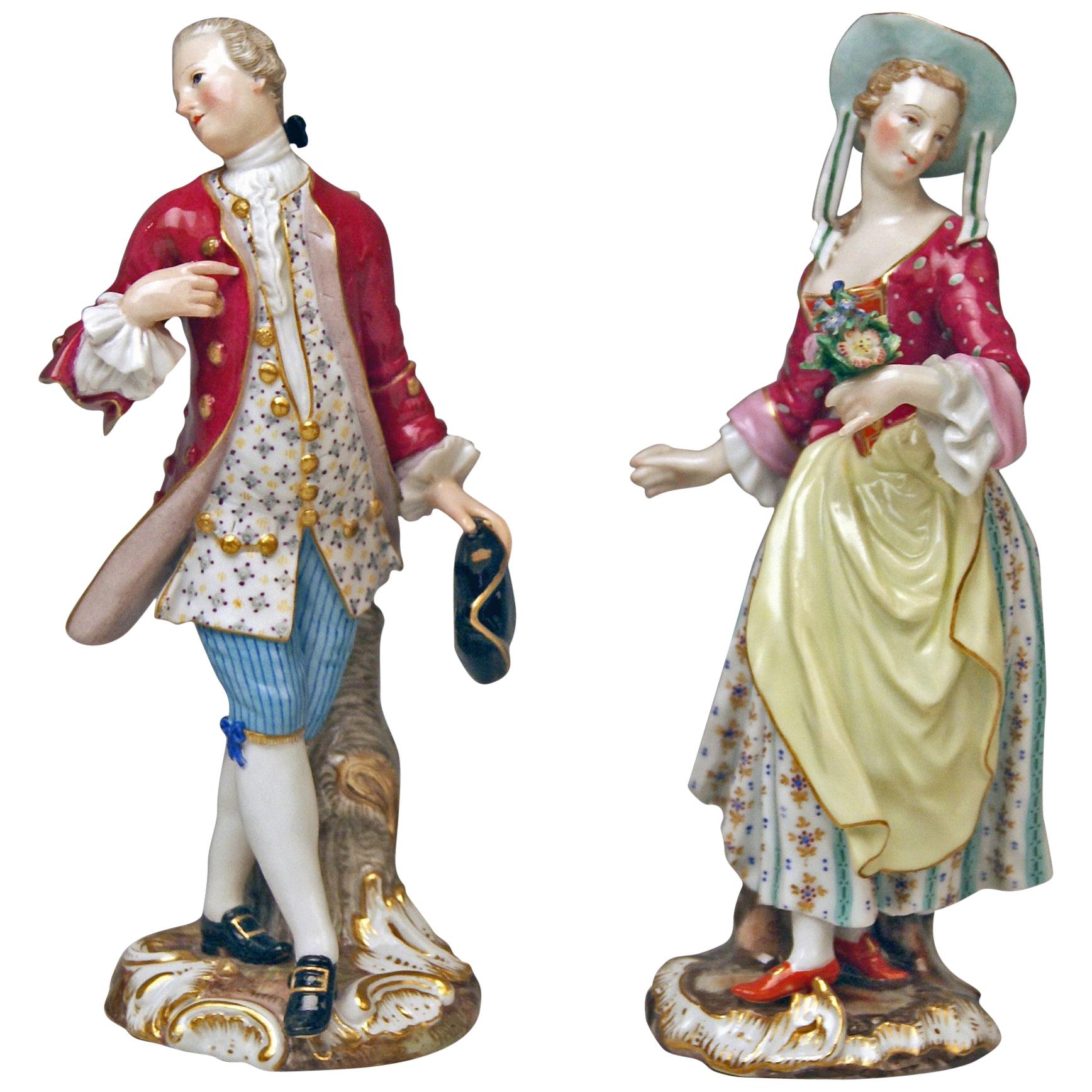 Meissen Figurines Lady with Flowers Man with Hat Models 2342 2346 Kaendler, 1850