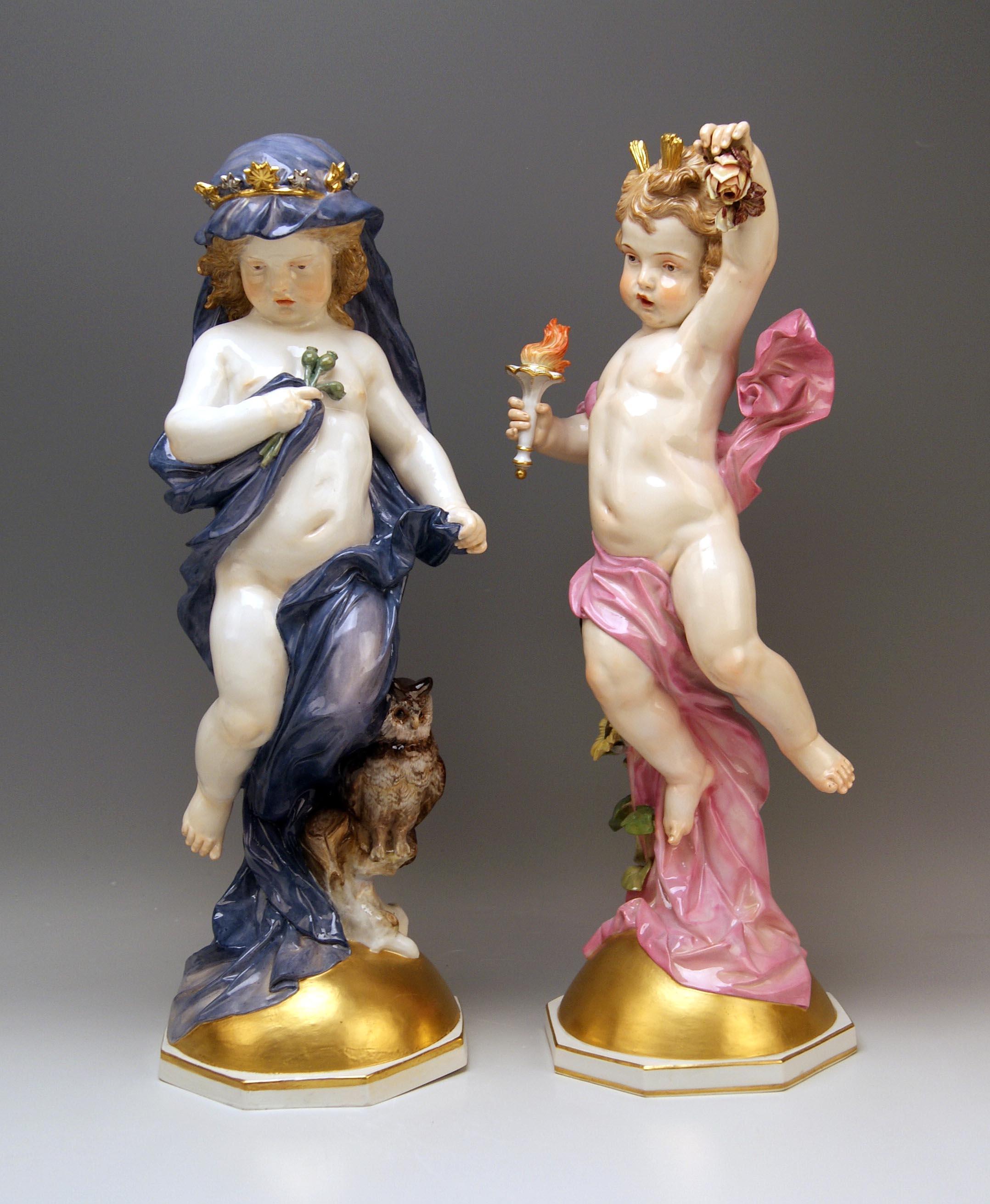 Meissen lovely pair of figurines: Day and night

Day: model number l 134 / former's nr. 137
Measures: Height 20.47 inches (52 cm)
Night: model number l 135 / former's number 111 / painter's nr. 57
Height: 20.47 inches (52 cm)

Manufactory: