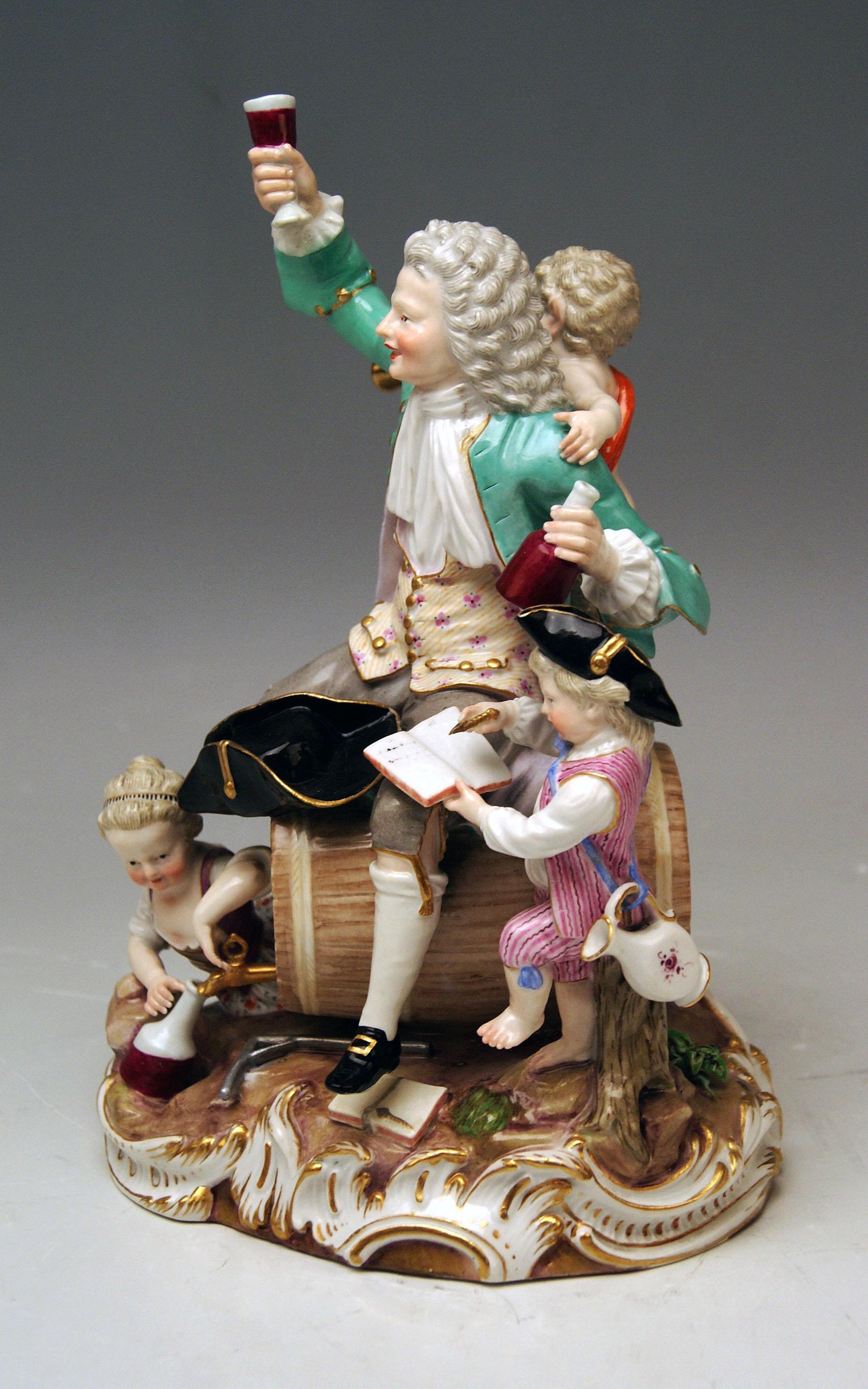 Meissen quite rare figurine group: the so-said German Bacchus
Excellently painted & modelled (the details are stunningly sculptured = finest modelling)

Design:
-- Johann Carl Schoenheit (1730-1805)
Schoenheit has been active at Meissen