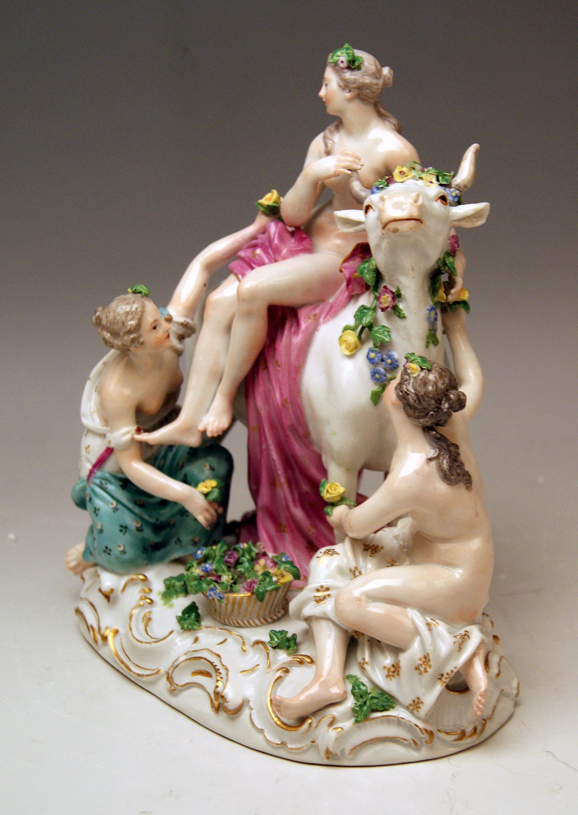 Meissen Gorgeous Figurine Group: 
Europe Riding On Bull / The Rape Of Europe (MODEL 2697)

manufactured circa 1750 (= pre-Marcolini period !)


Specifications:
Europa is sitting on the bull which is metamorphosed Greek God Zeus who had fallen