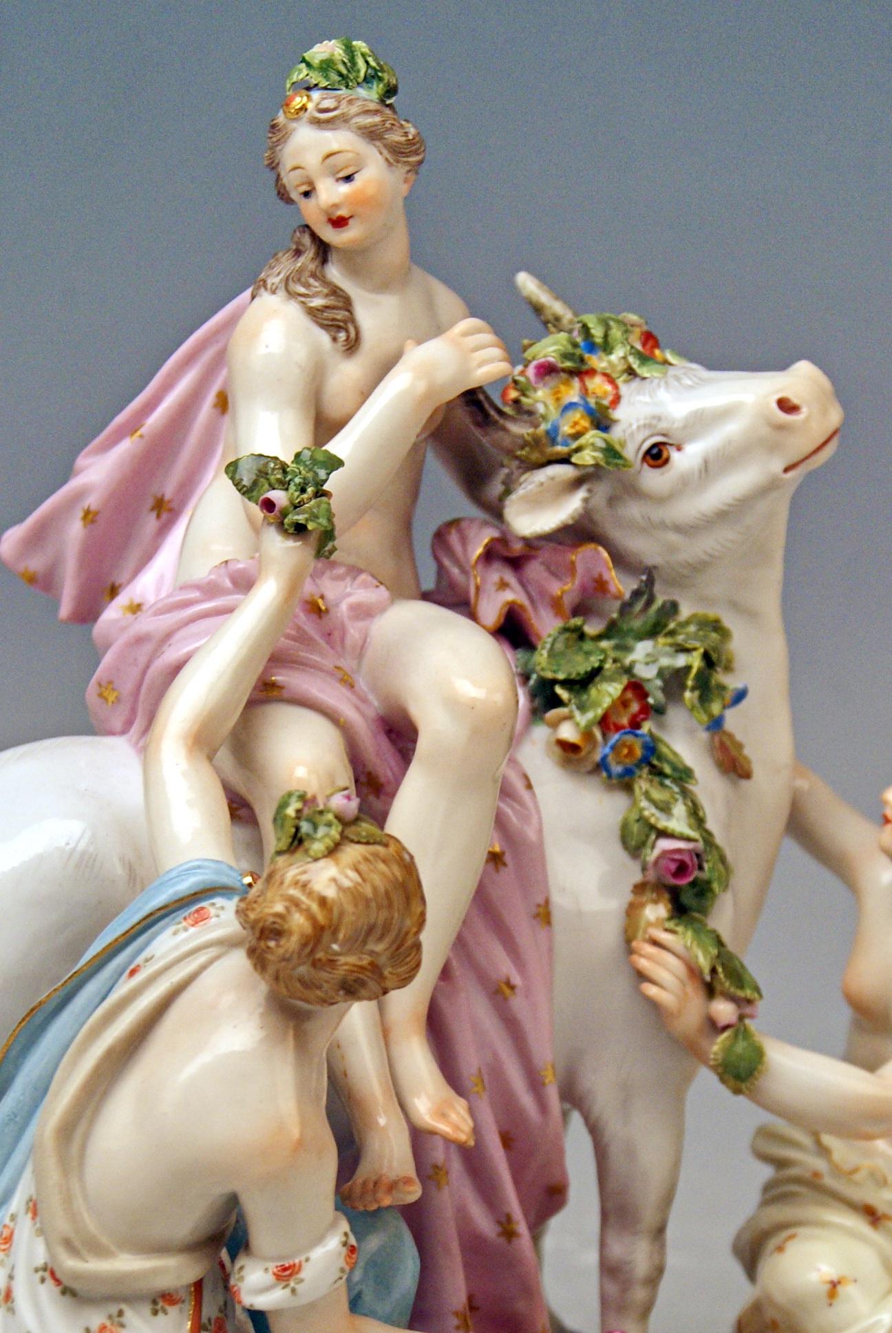 Meissen Gorgeous Figurine Group:
Europe Riding On Bull / The Rape Of Europe (MODEL 2697)

Manufactured circa 1860

Specifications:
Europa is sitting on the bull which is metamorphosed Greek God Zeus who had fallen in love with her (for this