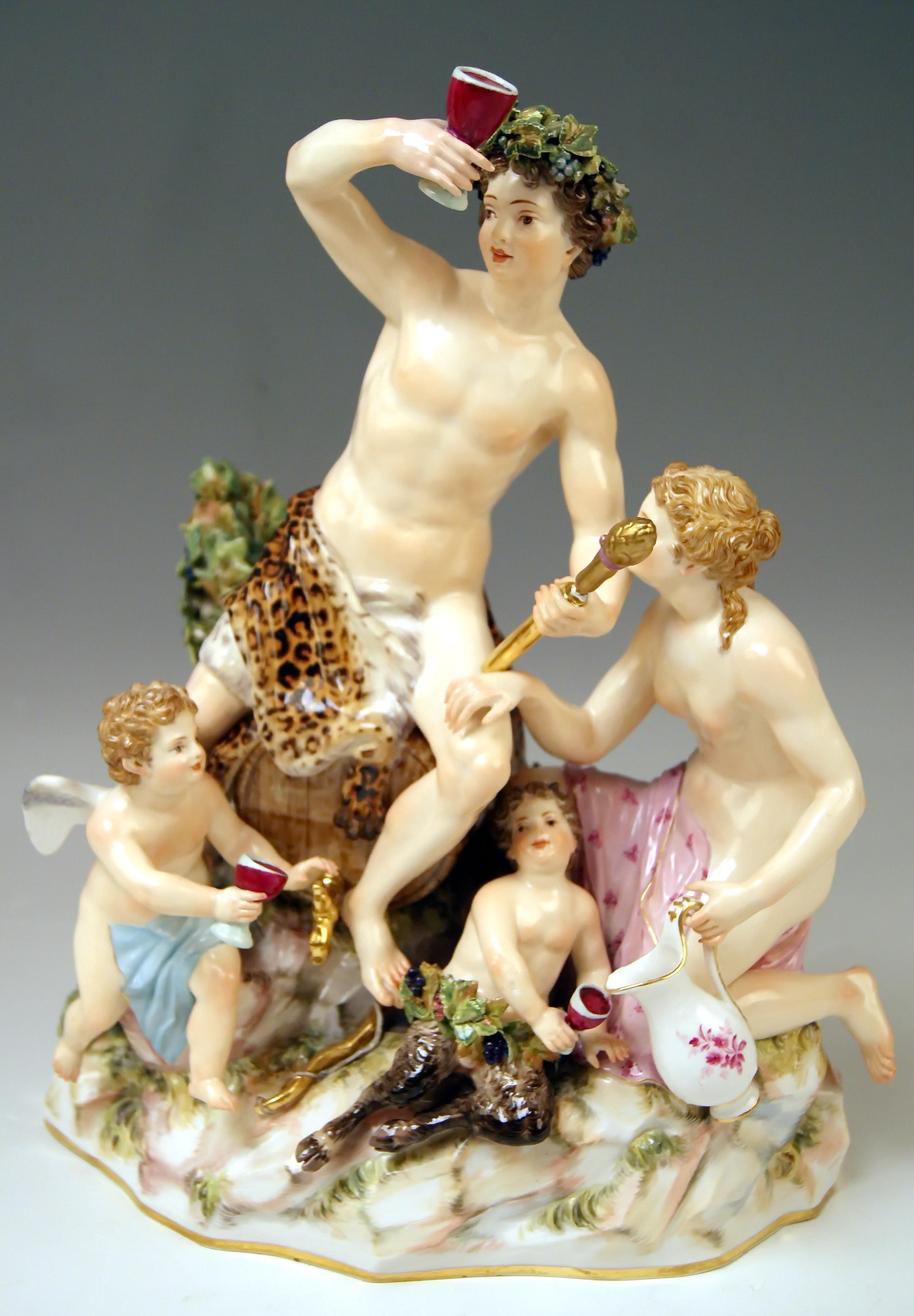 Meissen Gorgeous Figurine Group: 
Bacchanal / God Of Wine Bacchus With Nymph, Winged Cherub And Boyish Satyr

MARKS:
MEISSEN CROSSED SWORD MARK WITH POMMELS ON HILTS OF SECOND HALF OF 19TH CENTURY
FIRST QUALITY
model number C 35 X
former's