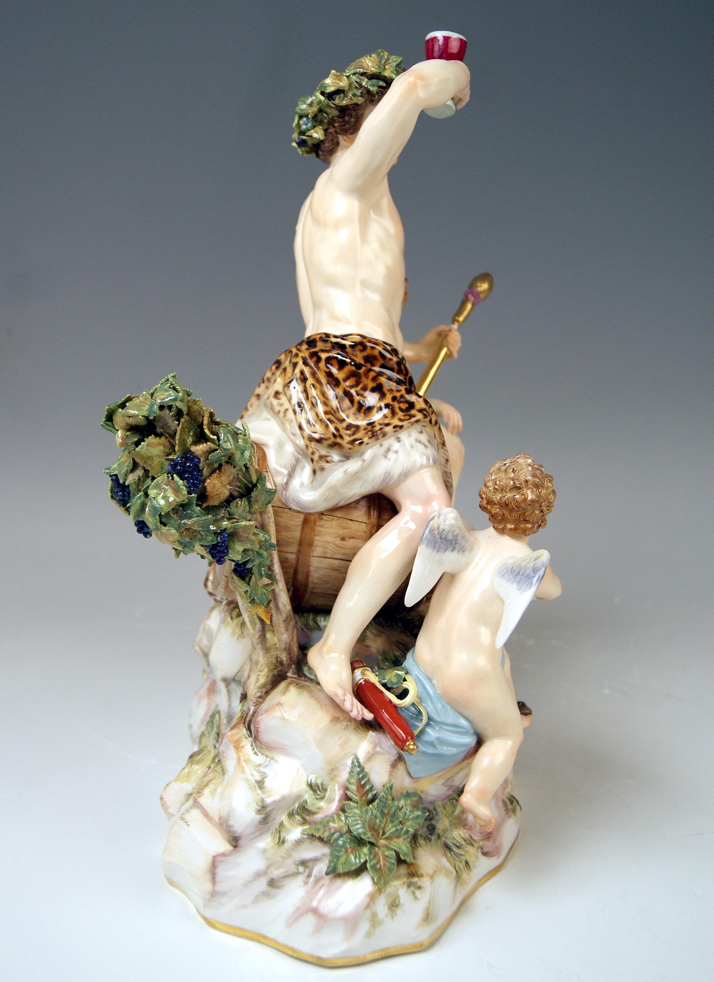 Painted Meissen Figurines with Bacchus Cupid Satyr Nymph by E. A. Leuteritz For Sale
