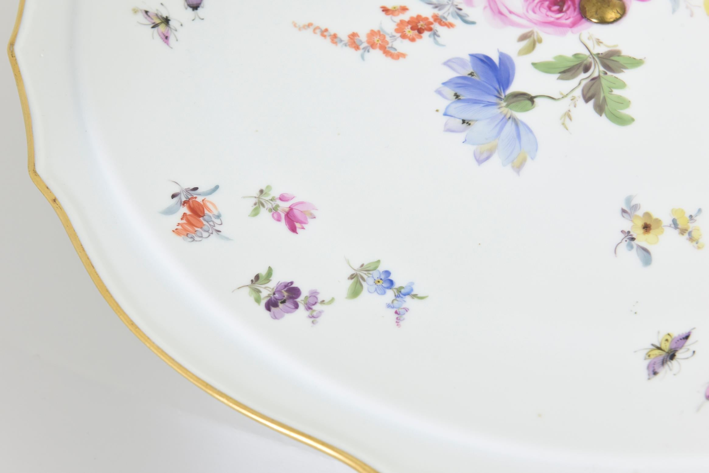 20th Century Meissen Floral Cake Stand with a Gilt Scalloped Edge