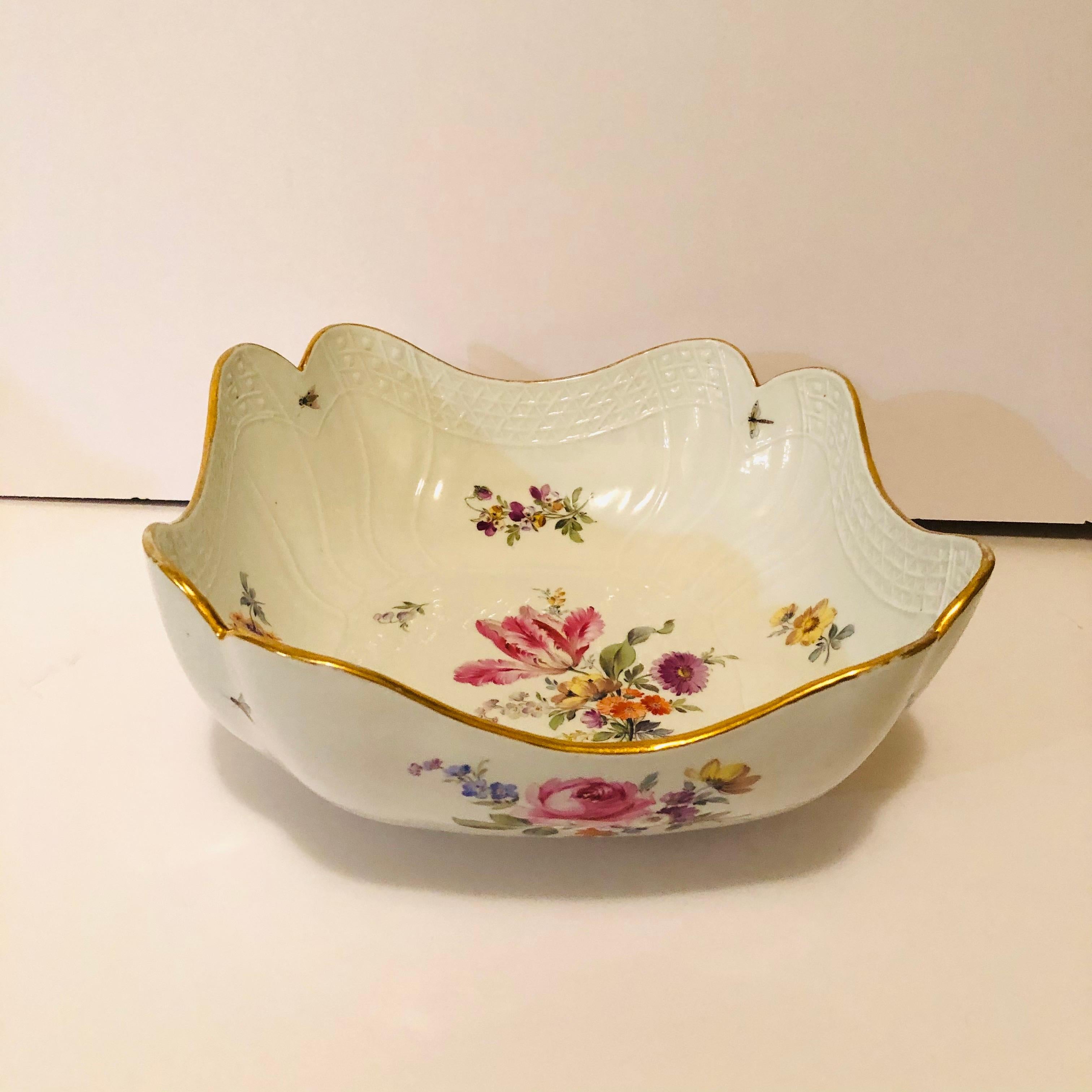 Porcelain Meissen Four Cornered Deep Serving Bowl from the 1880s with Five Flower Bouquets