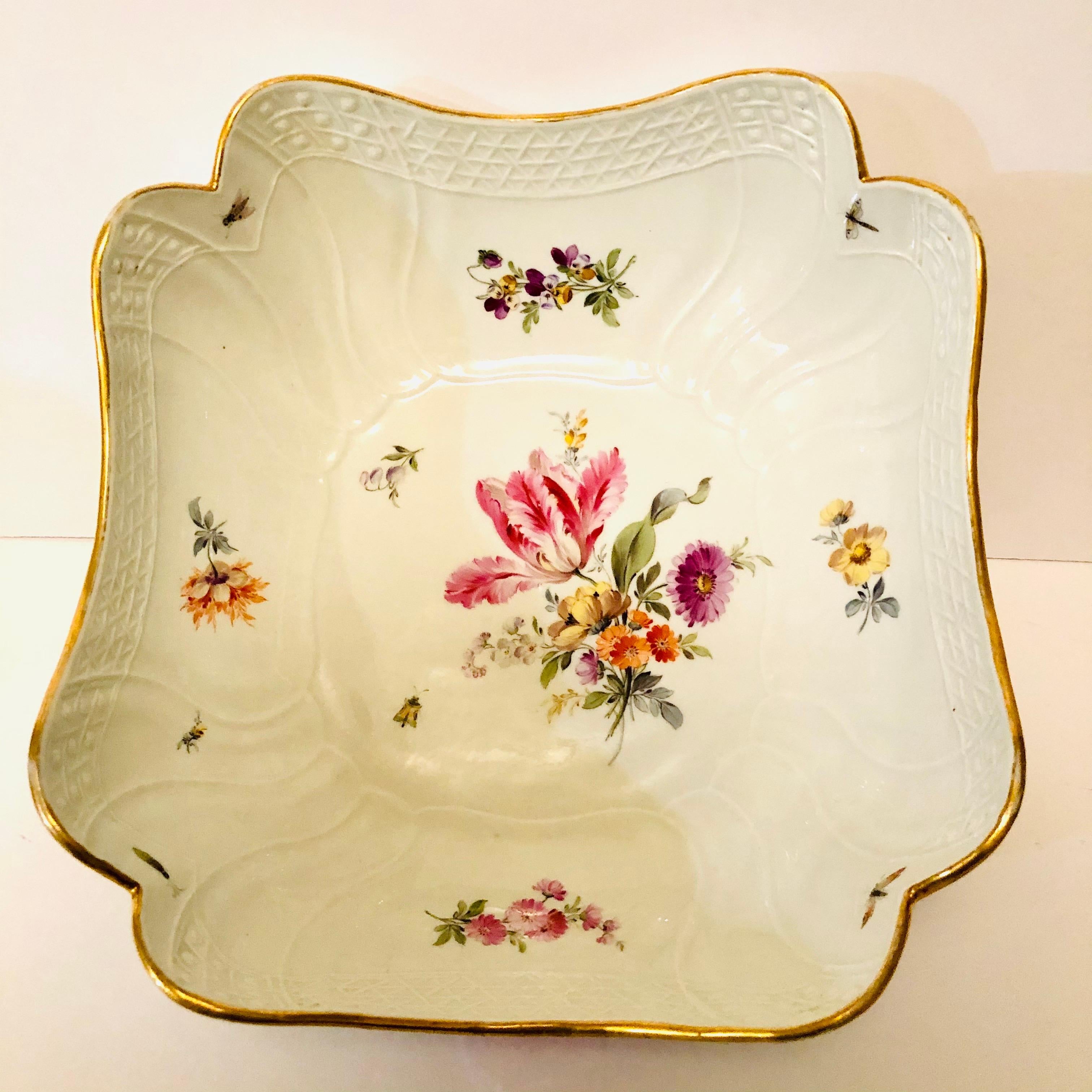 Romantic Meissen Four Cornered Deep Serving Bowl from the 1880s with Five Flower Bouquets