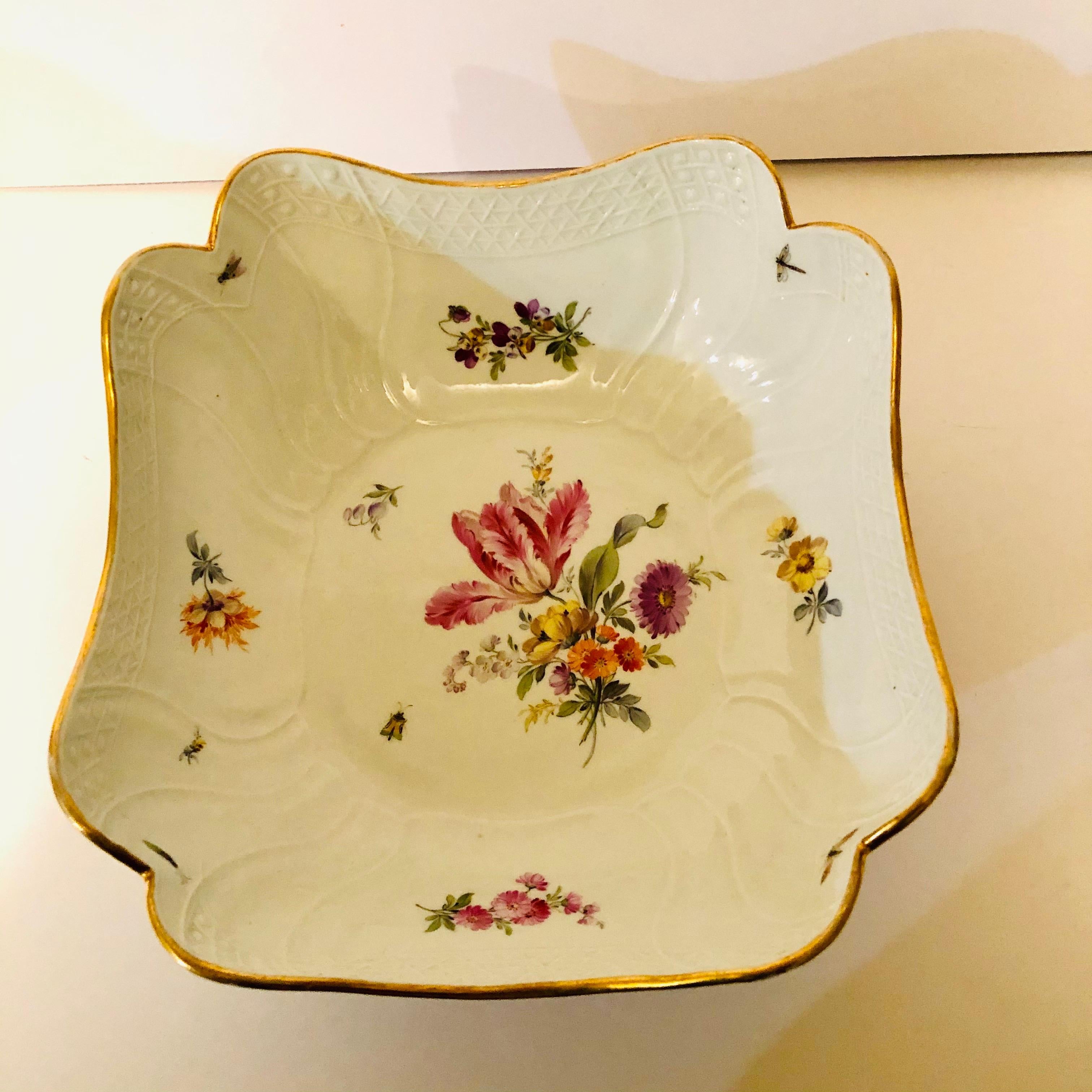 German Meissen Four Cornered Deep Serving Bowl from the 1880s with Five Flower Bouquets