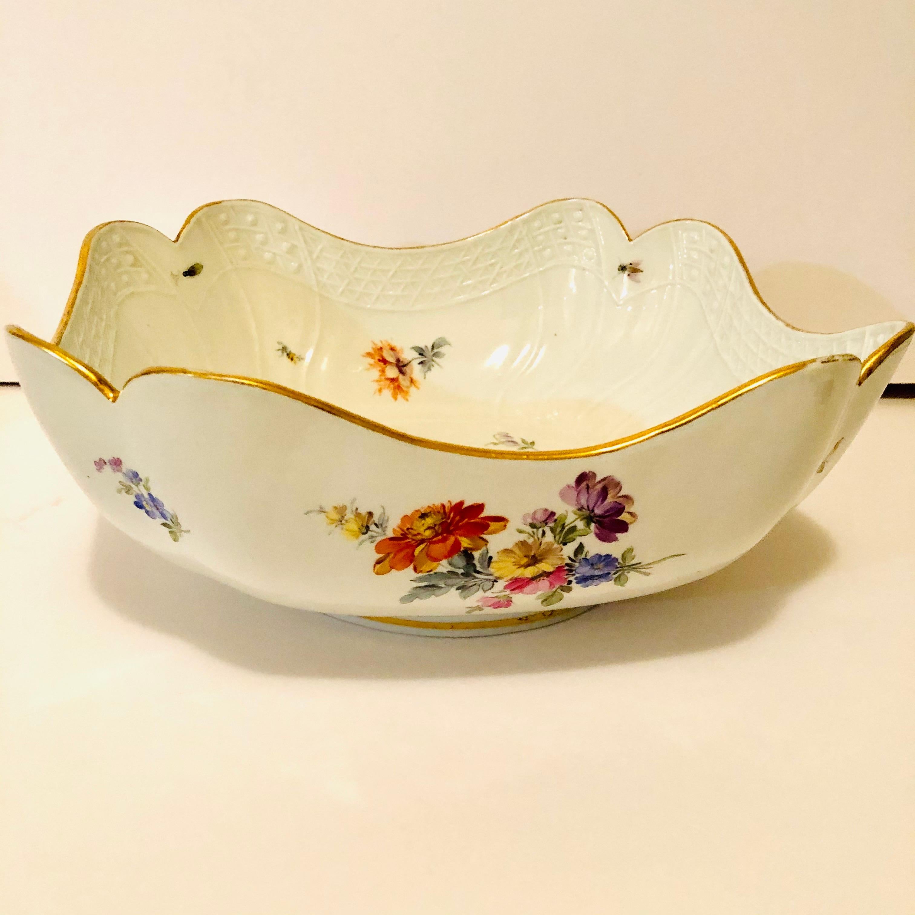 Hand-Painted Meissen Four Cornered Deep Serving Bowl from the 1880s with Five Flower Bouquets