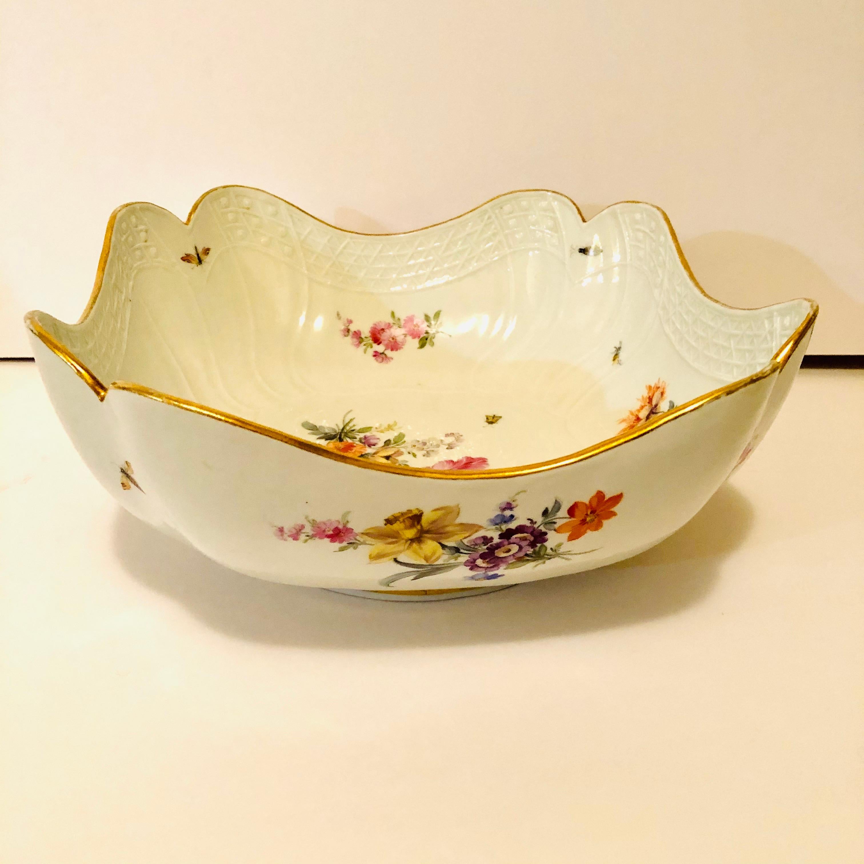 Meissen Four Cornered Deep Serving Bowl from the 1880s with Five Flower Bouquets In Good Condition In Boston, MA