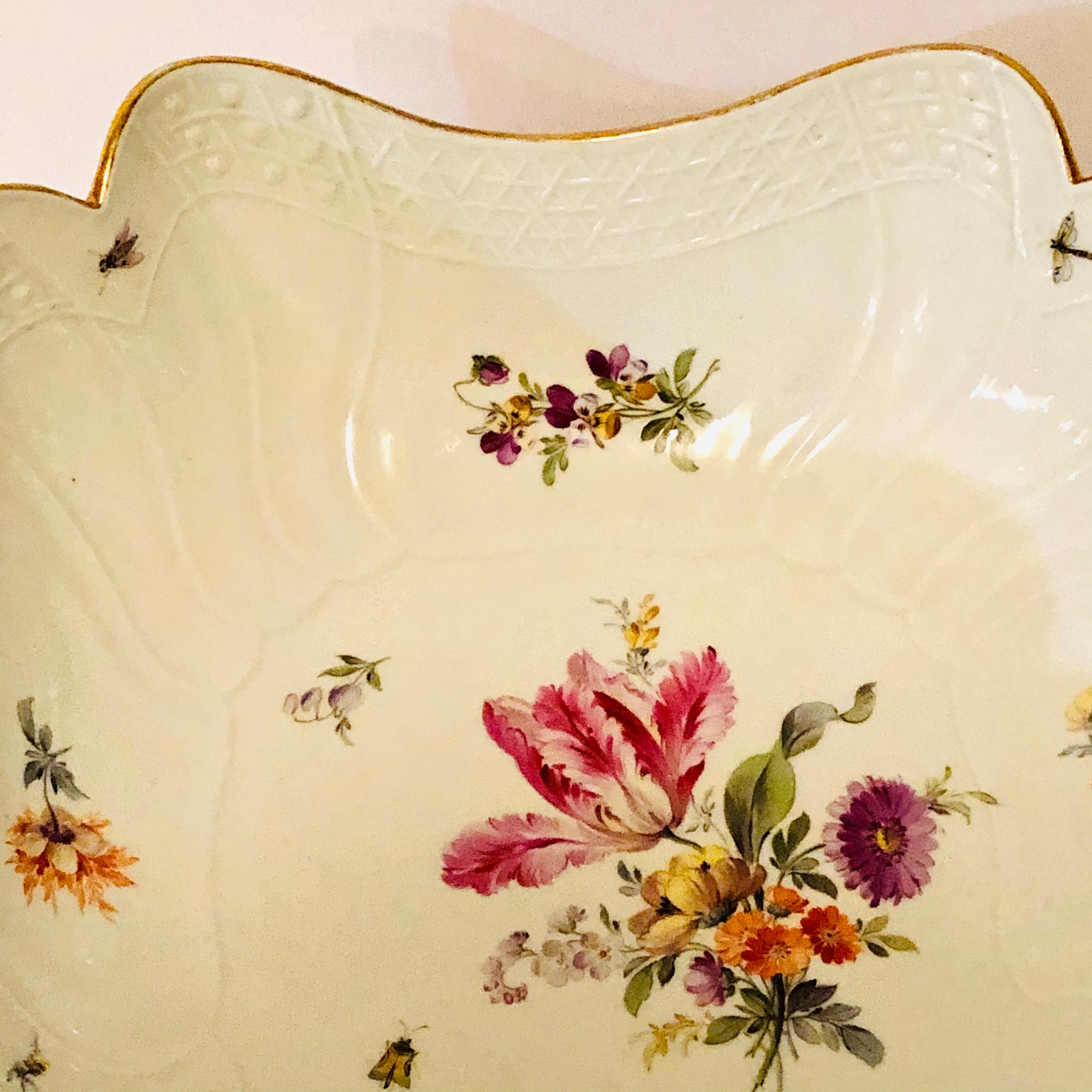 Late 19th Century Meissen Four Cornered Deep Serving Bowl from the 1880s with Five Flower Bouquets
