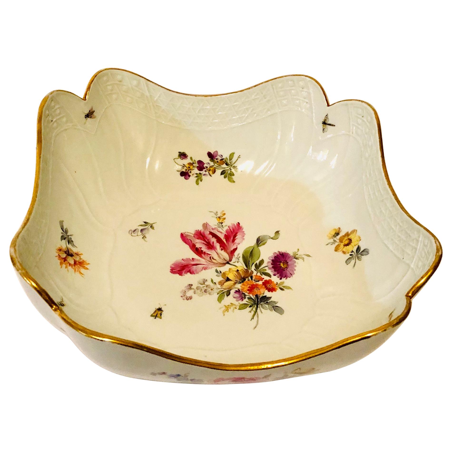 Meissen Four Cornered Deep Serving Bowl from the 1880s with Five Flower Bouquets