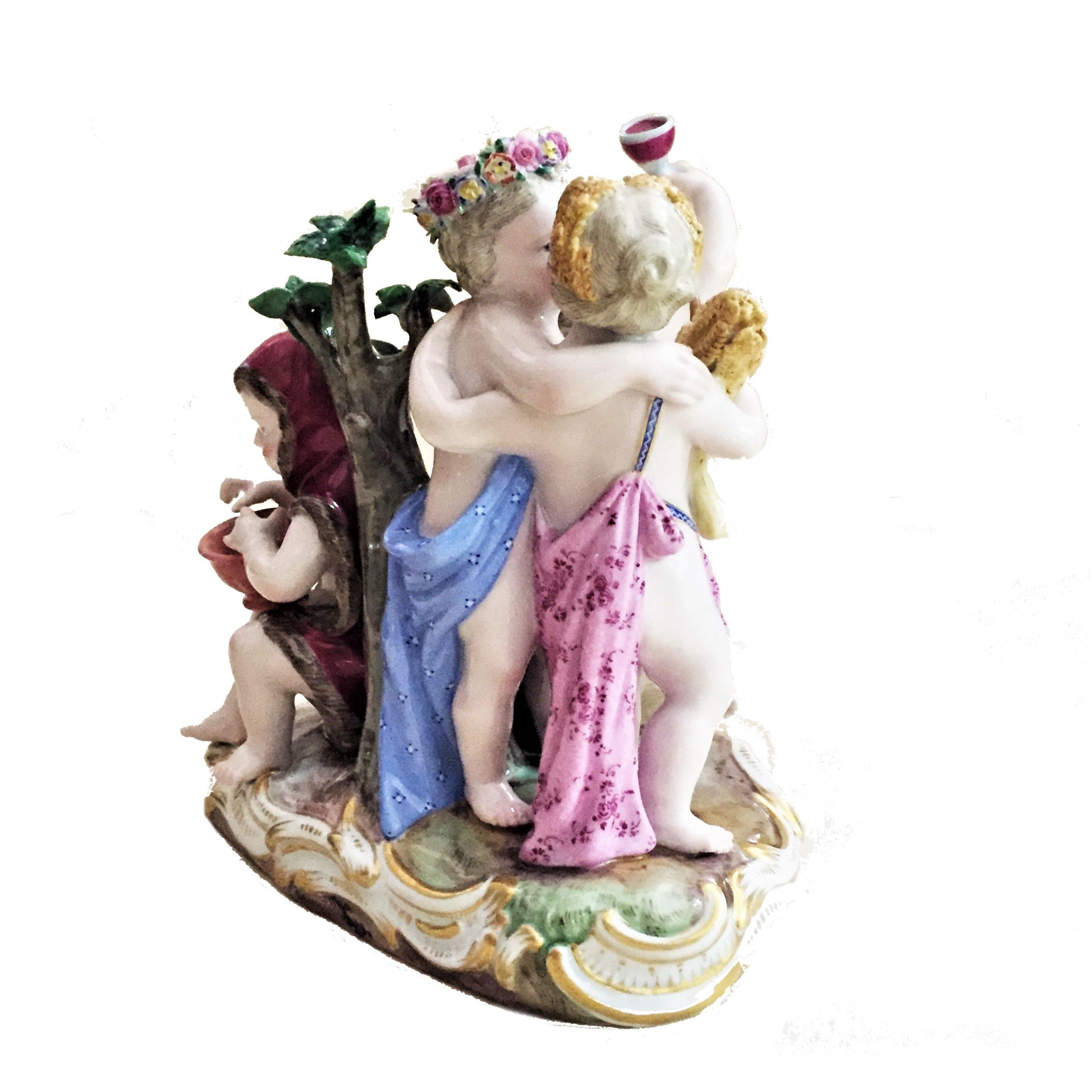 Marked with ‘swords’ on the base.

Meissen figurative group of four flower children in ancient Roman and Greek costumes, depicting the Four Seasons.

Meissen Porcelain. Staatliche Porzellan-Manufaktur Meissen is one of the preeminent porcelain