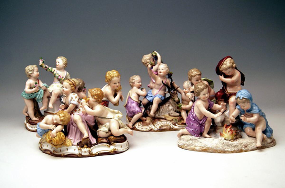 MEISSEN GORGEOUS FIGURINES OF SEASONS: 
SPRING - SUMMER - AUTUMN / FALL - WINTER
THE DETAILS ARE STUNNINGLY SCUPLTURED = FINEST MODELLING

DESIGN:
-- JOHANN JOACHIM KAENDLER (1706 - 1775)
The sculptor was since year 1731 modeller of Meissen
