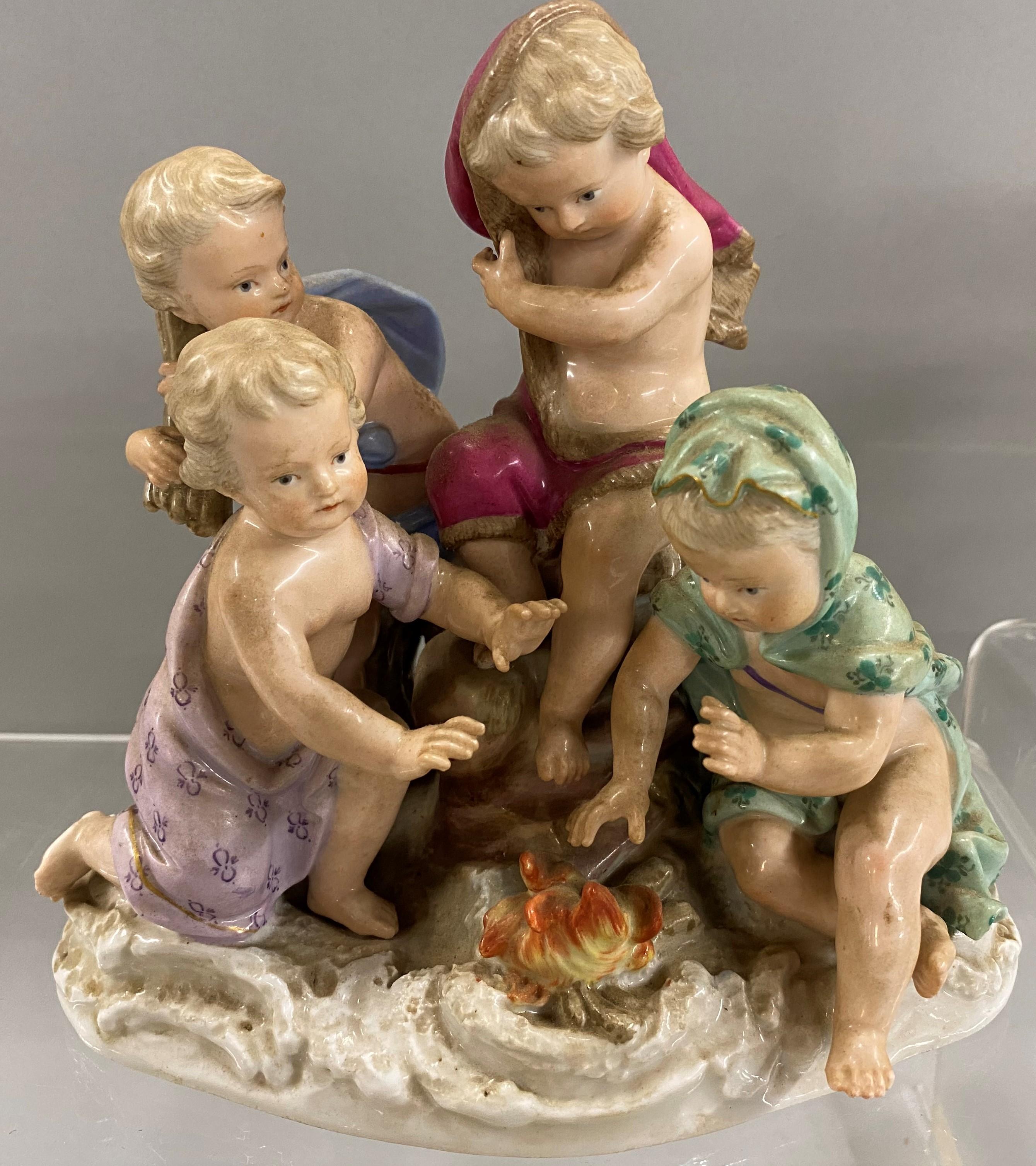 An exceptional set of four groups of four polychrome porcelain cherub figurines depicting the four seasons - spring, summer, fall, and winter, originally designed in 1757 by Johann Joachim Kaendler (1706-1775), one of the top designers for Meissen.