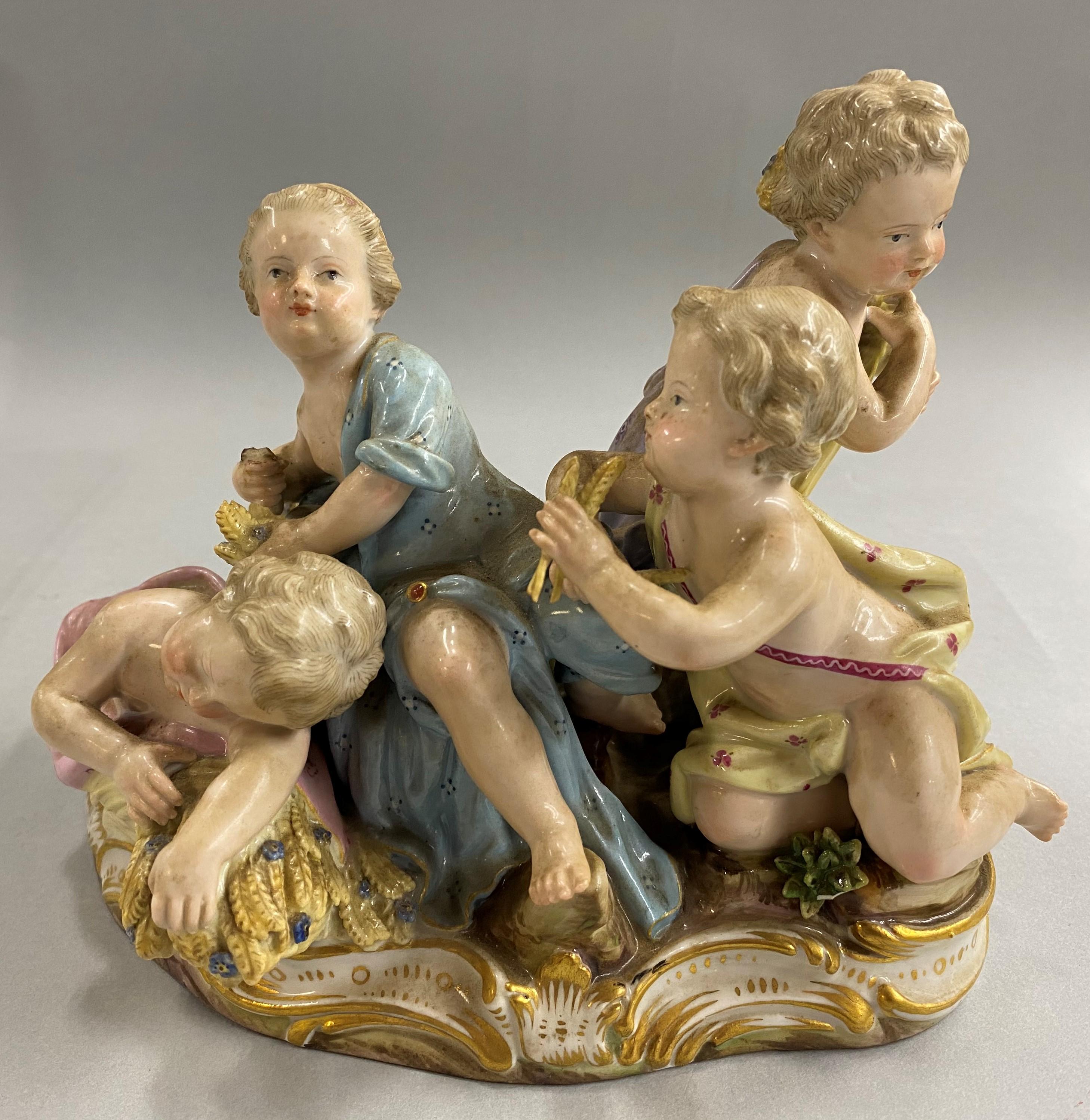 Hand-Painted Meissen “Four Seasons” Set of 4 Porcelain Cherub Figurines, Kaendler circa 1850s