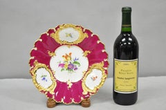 Meissen French Floral Hand Painted Red Porcelain Scalloped Cabinet Plate Bowl