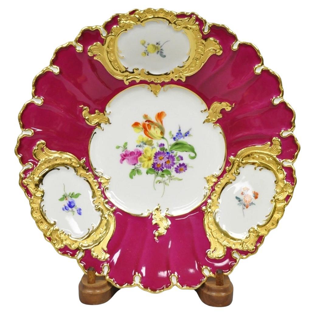 Meissen French Floral Hand Painted Red Porcelain Scalloped Cabinet Plate Bowl