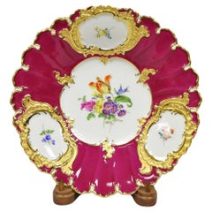 Meissen French Floral Hand Painted Red Porcelain Scalloped Cabinet Plate Bowl