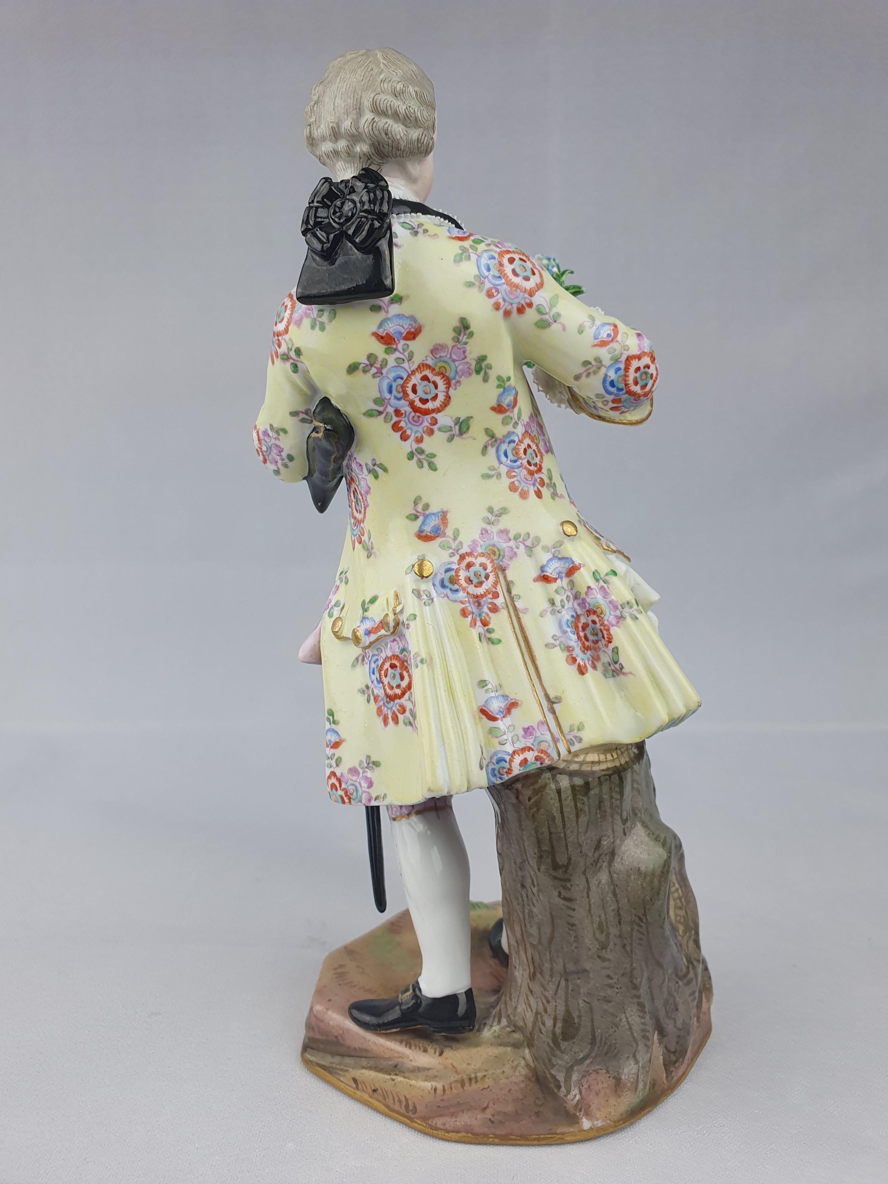 Meissen Figure of Gallant holding flowers first modelled circa 1765.

Height 19.5cm

Underglaze blue crossed swords underneath. Incised model number A58.

circa 1870.

----SHIPPING - 
Please contact us for a competitively priced shipping quote.