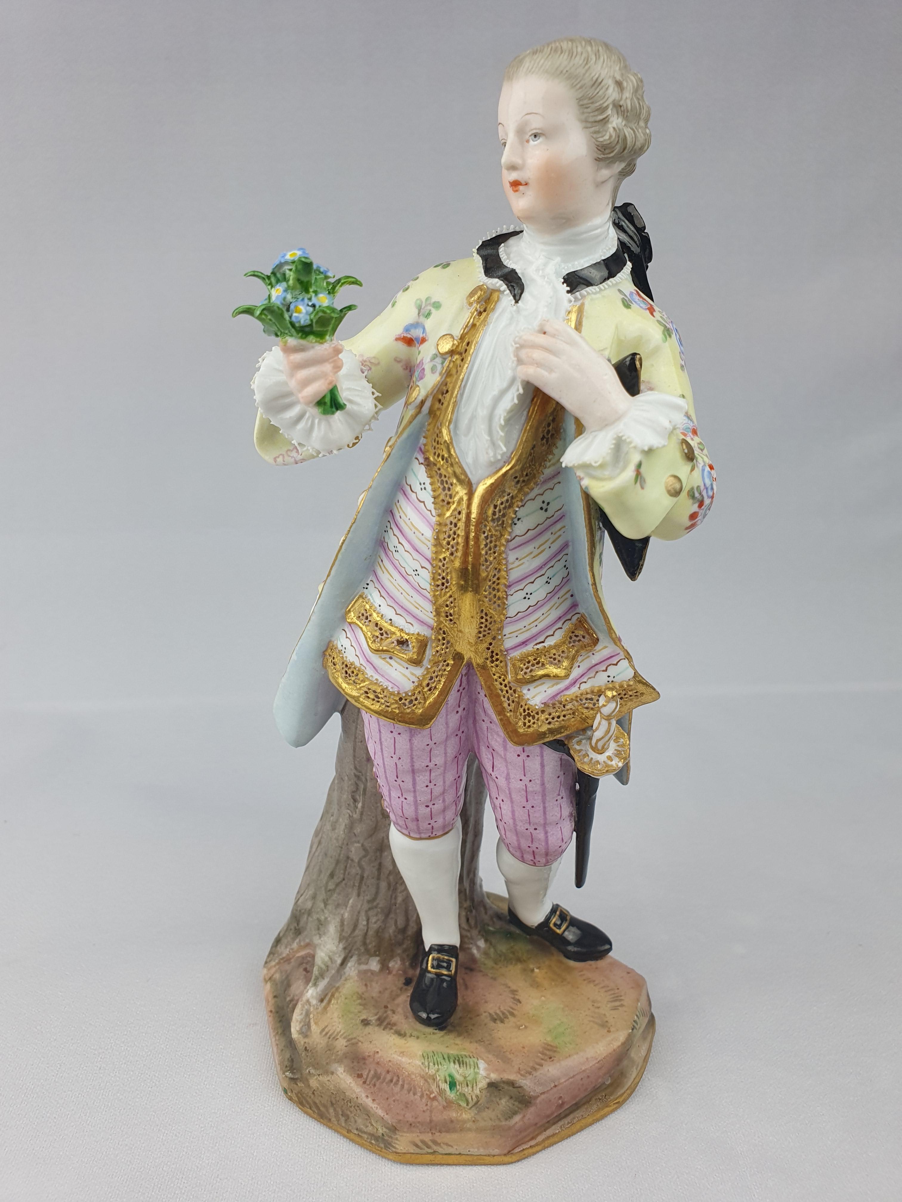 19th Century Meissen Gallant Holding Flowers For Sale