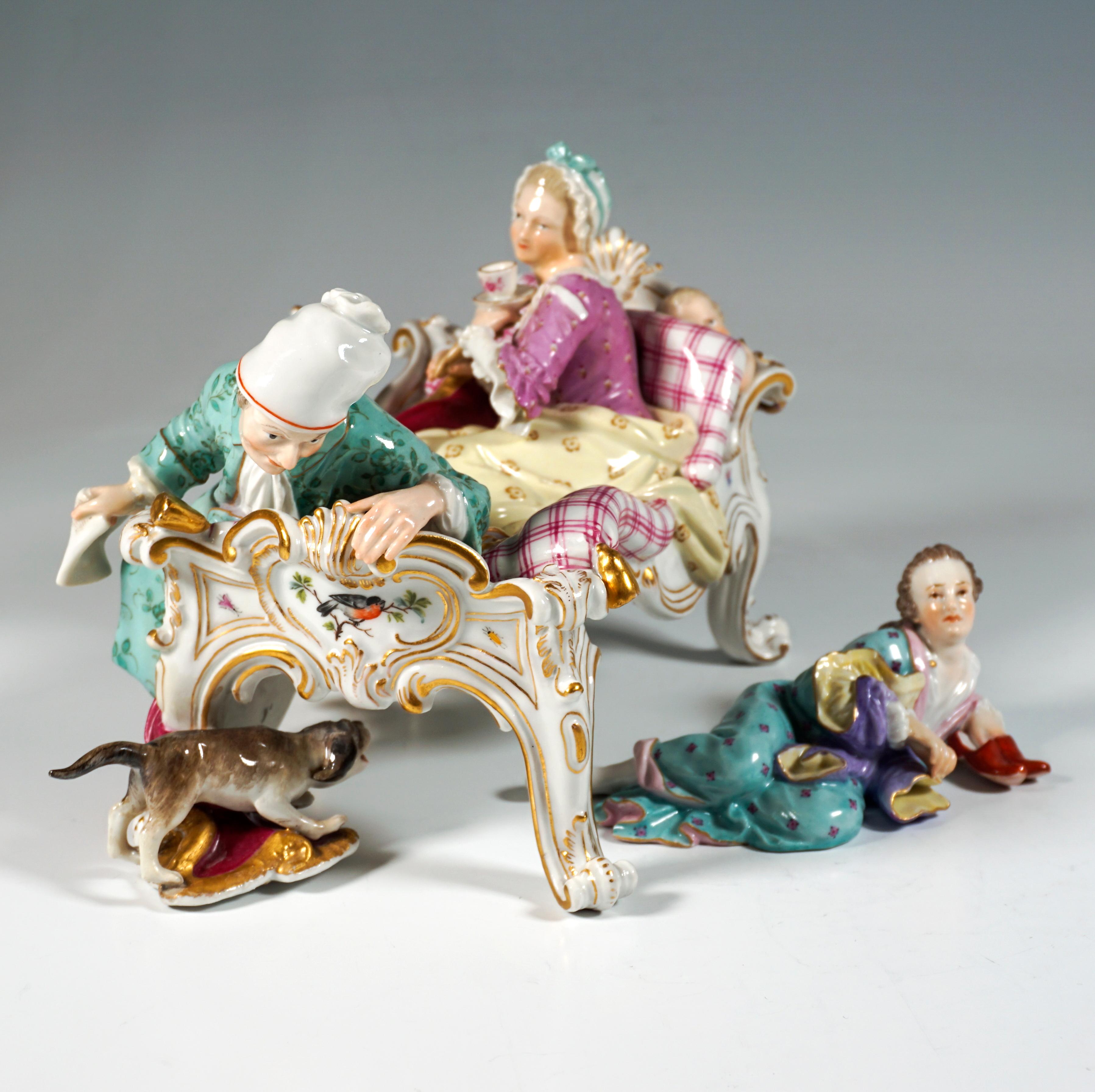 Rare Meissen porcelain group around 1850:
Married couple on a magnificent, white Rococo bed with rocaille decoration heightened in gold and fine bird and insect paintings: the lady of the house with sleeping cap, nightgown and dressing gown under a