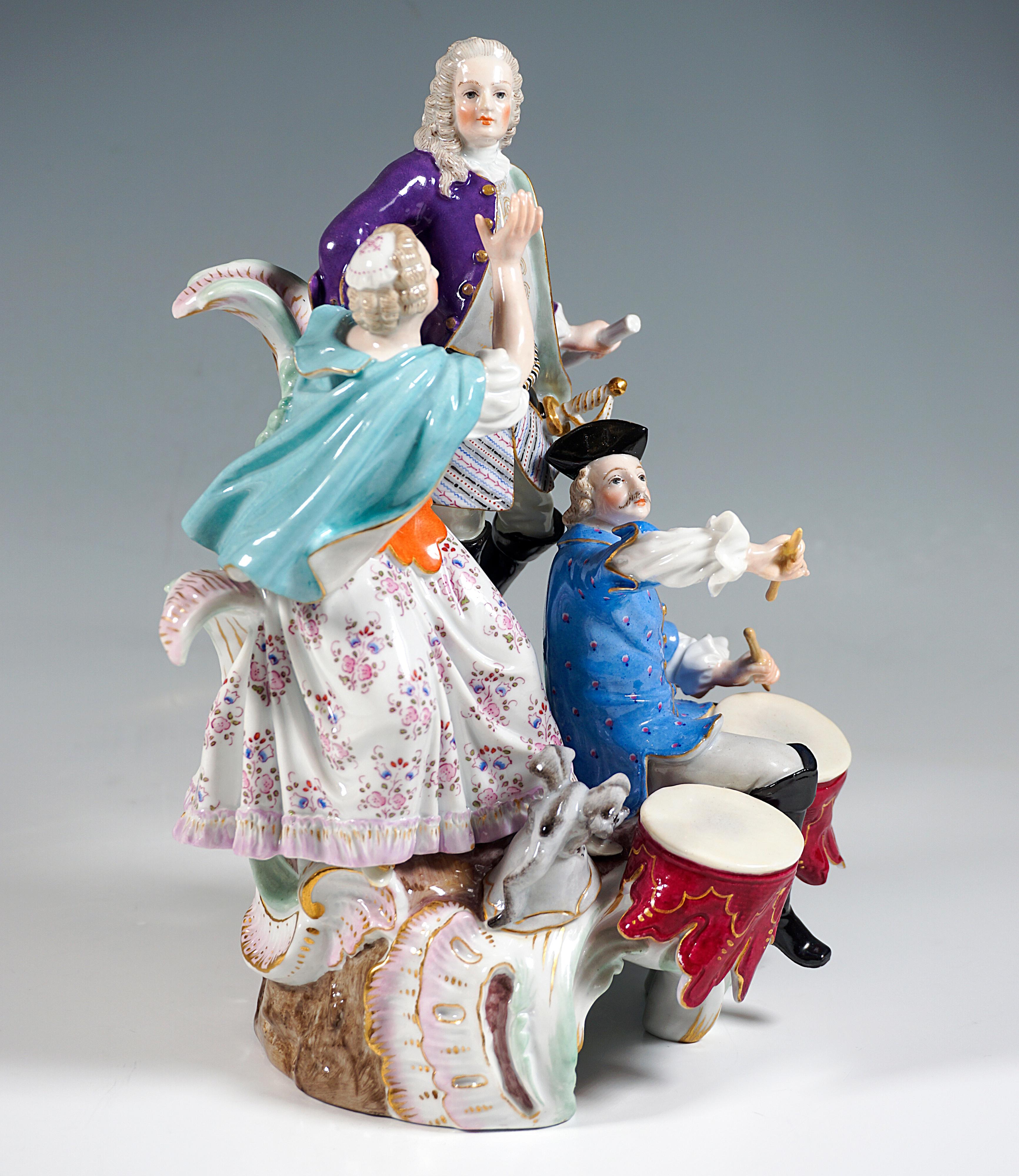 Rococo Meissen Genre Love Group With Drum Beater, by F.E. Meyer, Germany Circa 1850 For Sale