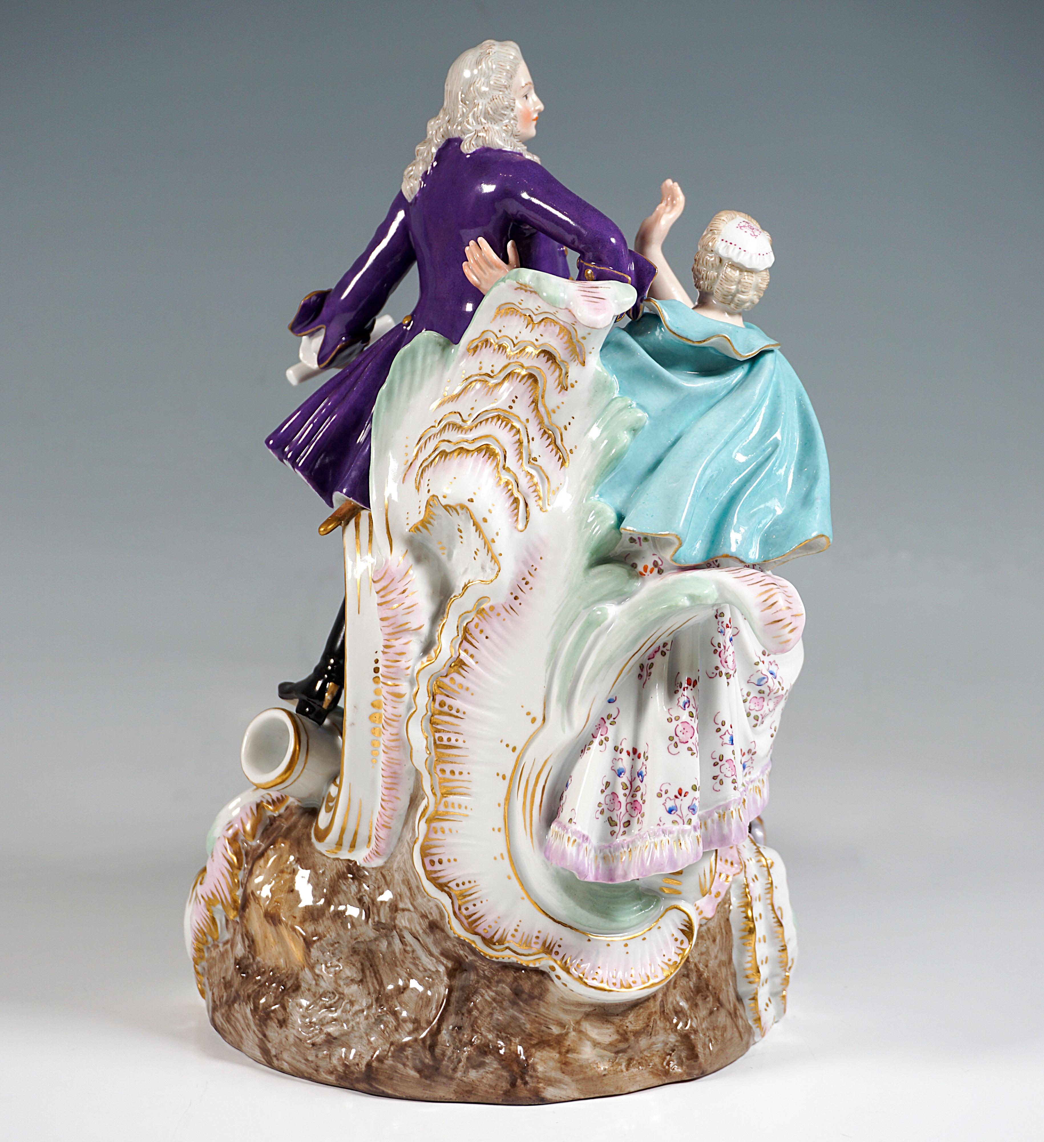 Glazed Meissen Genre Love Group With Drum Beater, by F.E. Meyer, Germany Circa 1850 For Sale