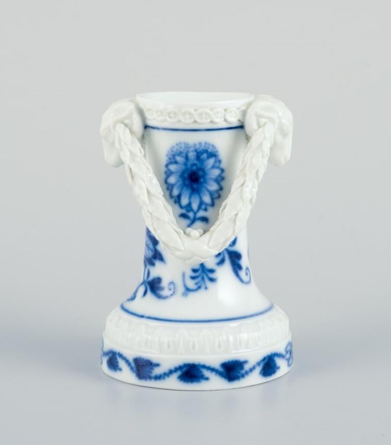 Glazed Meissen, Germany. Blue Onion pattern. Rare miniature vase with ram's heads. For Sale